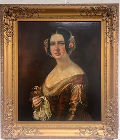 Large Victorian Portrait of a Country Lady Oil on Canvas Swept Gilt Frame