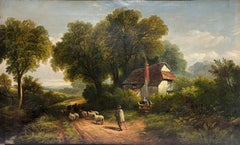Shepherd with Sheep Village Country Lane Cottage & Figure Signed 19thC Oil 