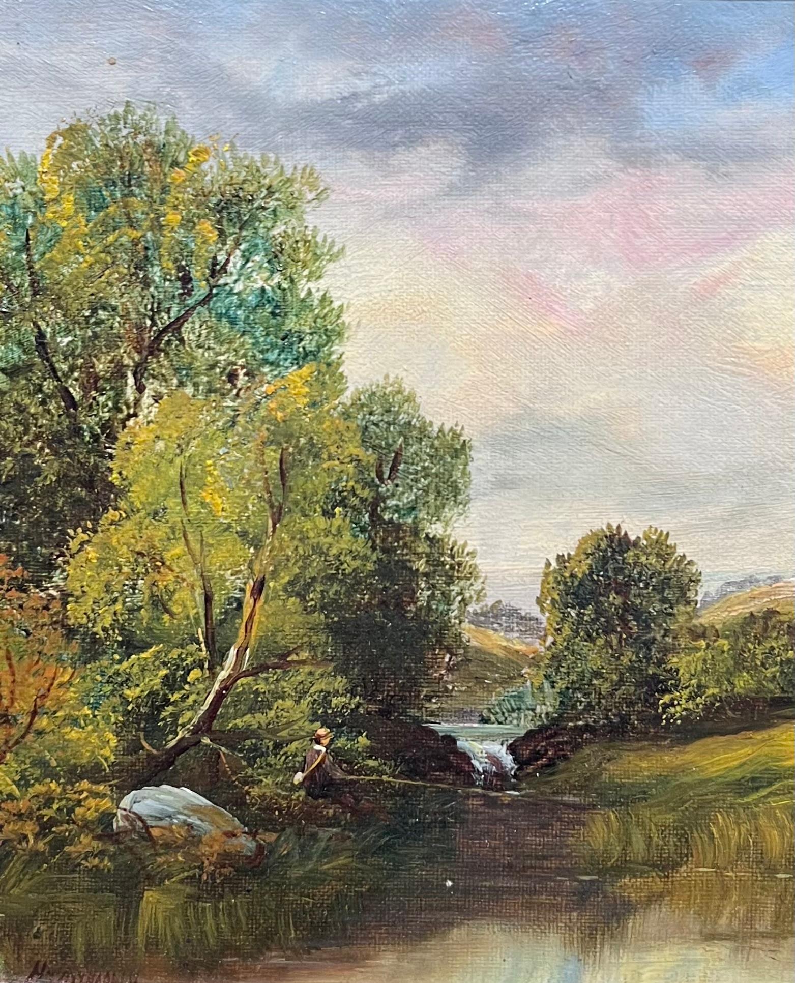 Pintura al óleo británica del siglo XIX firmada Pescador en el río Golden Light - Painting de English Victorian Oil 