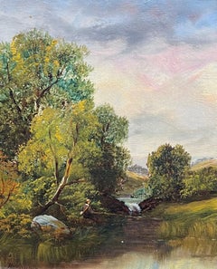 Signed 19th Century British Oil Painting Angler on Golden Light River