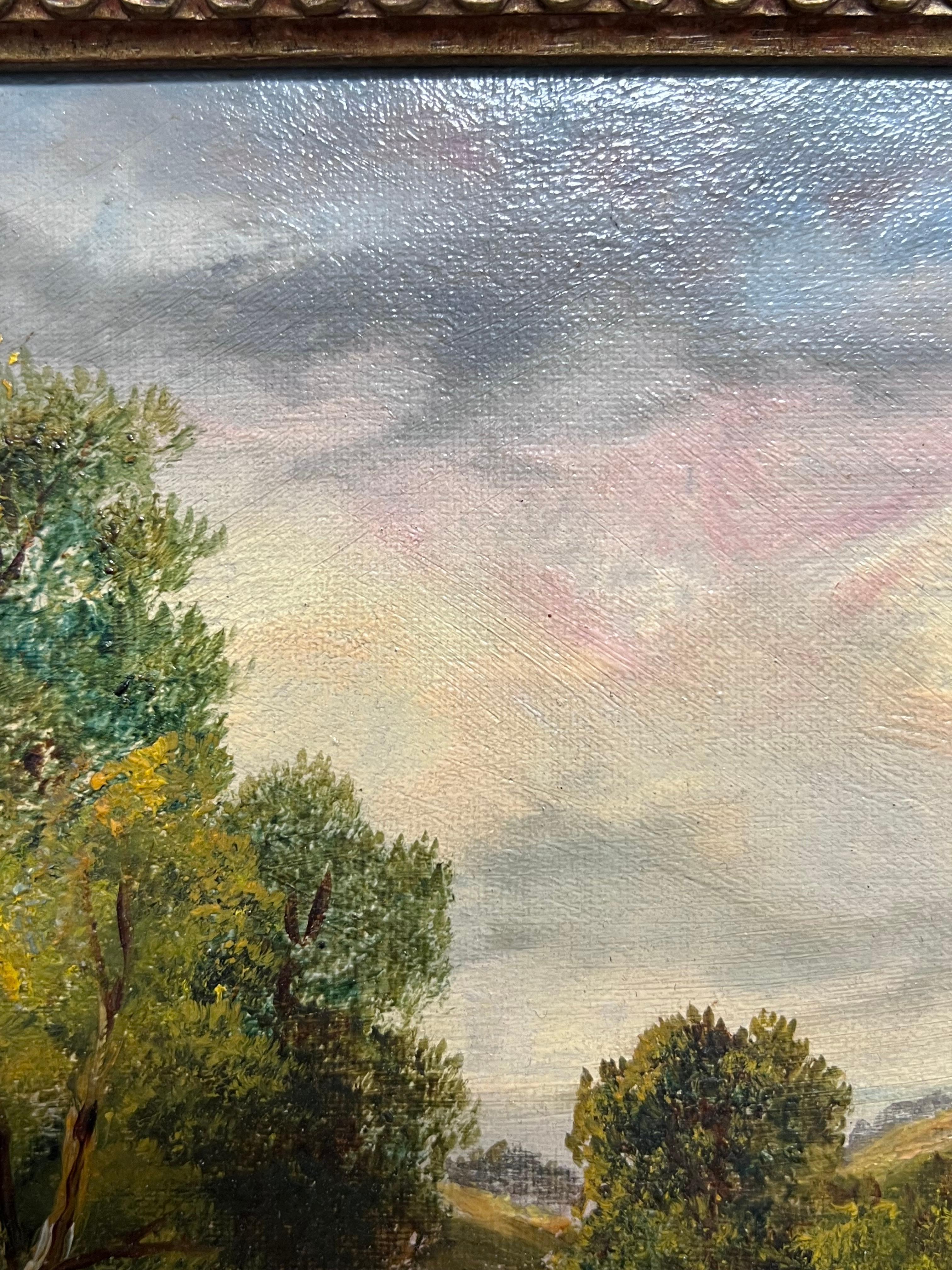 Pintura al óleo británica del siglo XIX firmada Pescador en el río Golden Light - Painting Victoriano de English Victorian Oil 