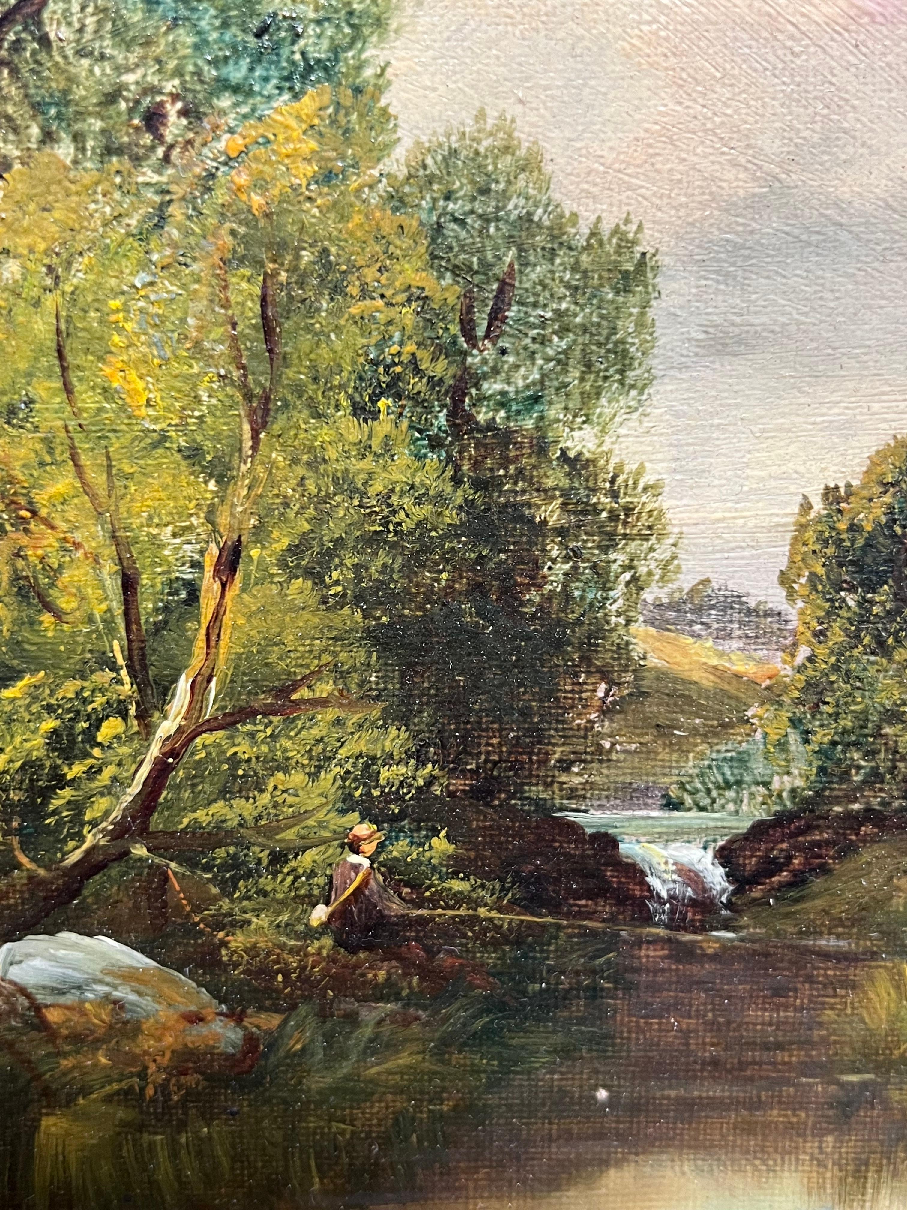 Pintura al óleo británica del siglo XIX firmada Pescador en el río Golden Light - Figurative Painting Marrón de English Victorian Oil 