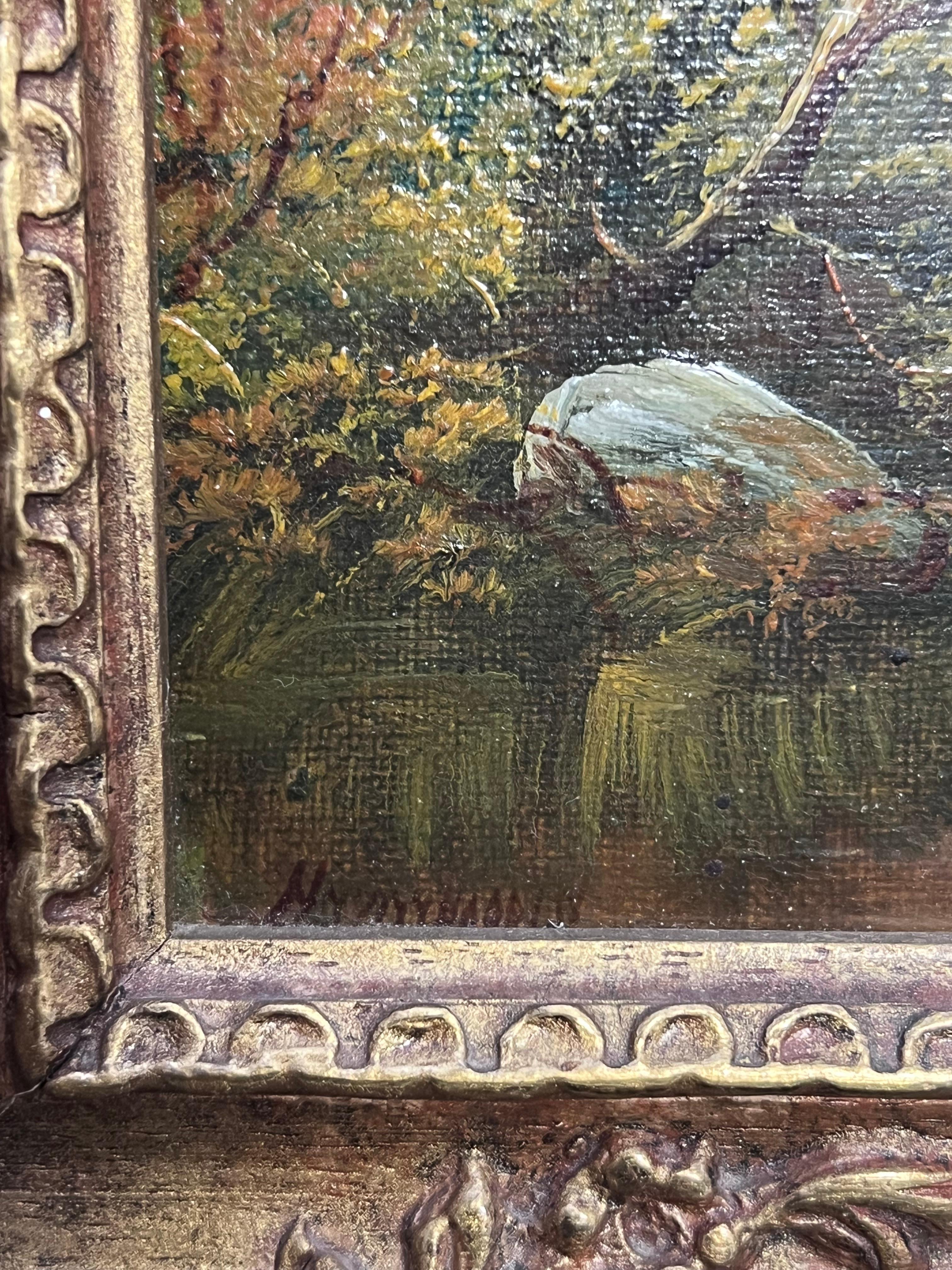 Pintura al óleo británica del siglo XIX firmada Pescador en el río Golden Light en venta 2