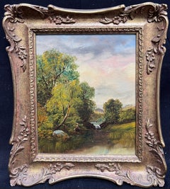 Antique Signed 19th Century British Oil Painting Angler on Golden Light River