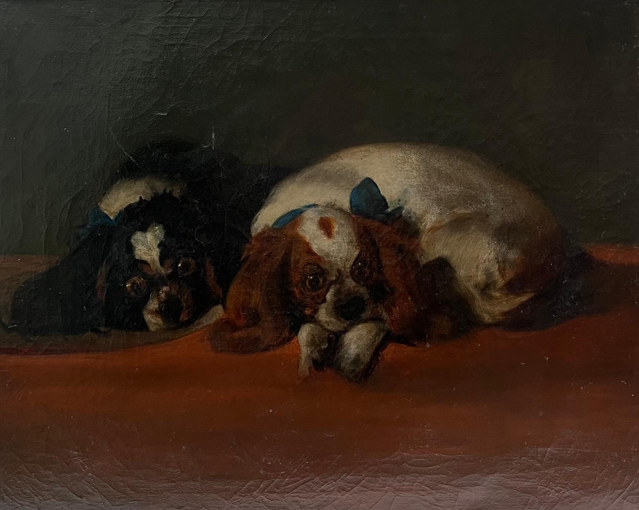 Los Cavaliers Mascotas Periodo Siglo XIX Pintura al Óleo Inglesa Cavalier Spaniels - Painting de English Victorian Oil 