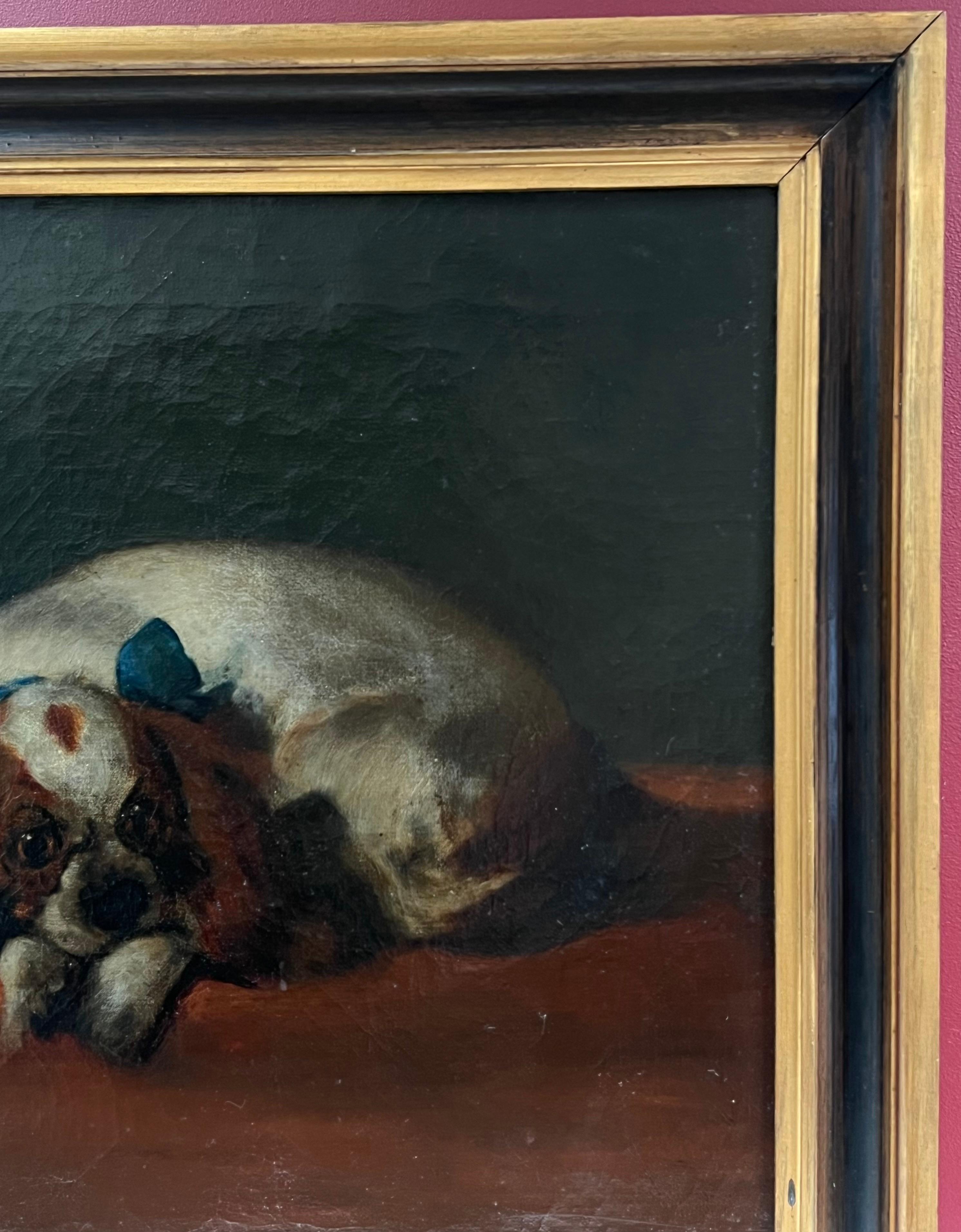 Los Cavaliers Mascotas Periodo Siglo XIX Pintura al Óleo Inglesa Cavalier Spaniels - Painting Victoriano de English Victorian Oil 