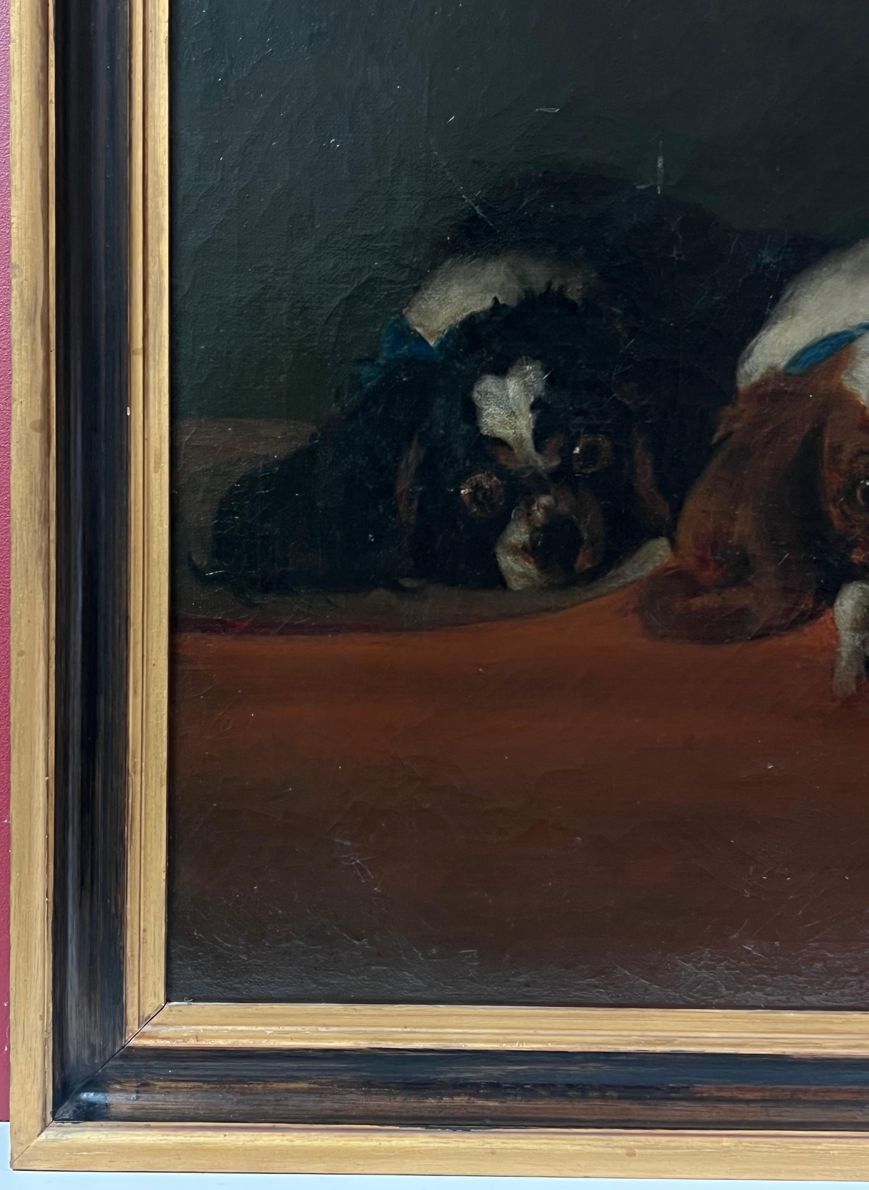 Los Cavaliers Mascotas Periodo Siglo XIX Pintura al Óleo Inglesa Cavalier Spaniels - Figurative Painting Negro de English Victorian Oil 