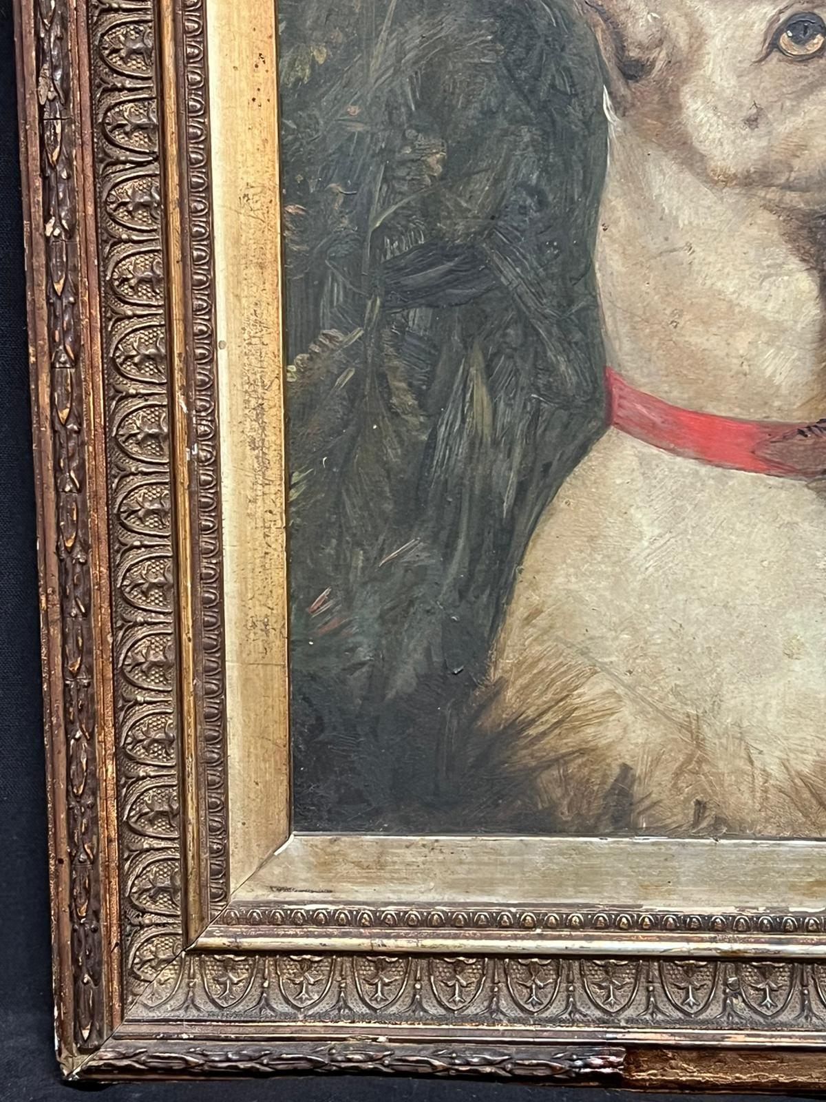 The White Terrier
English School, 19th century
oil painting on board, gilt framed
framed: 12 x 11 inches
board : 9 x 7 inches
Provenance: private collection, Cotswolds, England
Condition: the frame is antique and most likely original to the