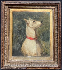 Peinture anglaise victorienne d'un terrier blanc en alerte sur le regard avec collier rouge