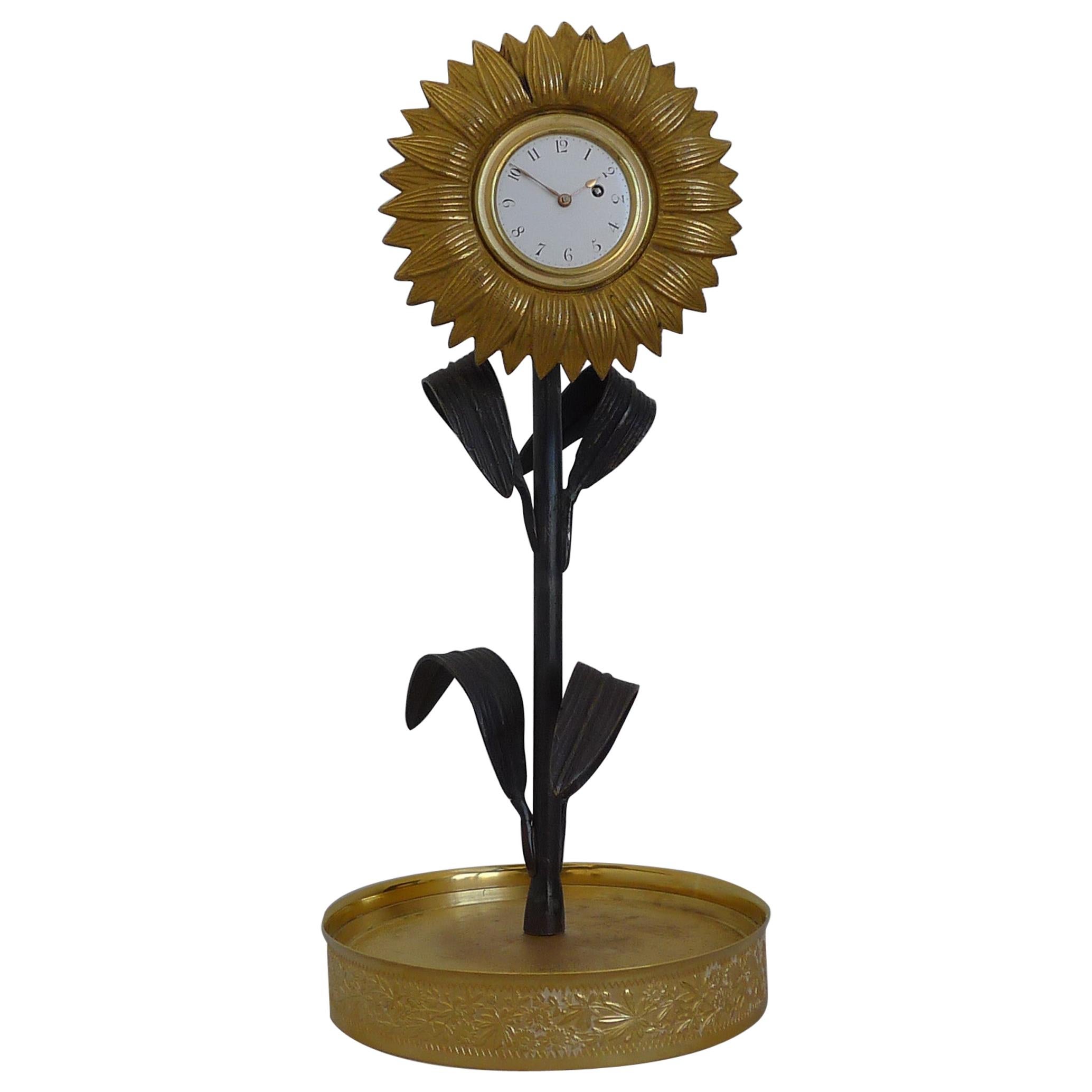 English Victorian Ormolu and Patinated Bronze Sunflower Clock