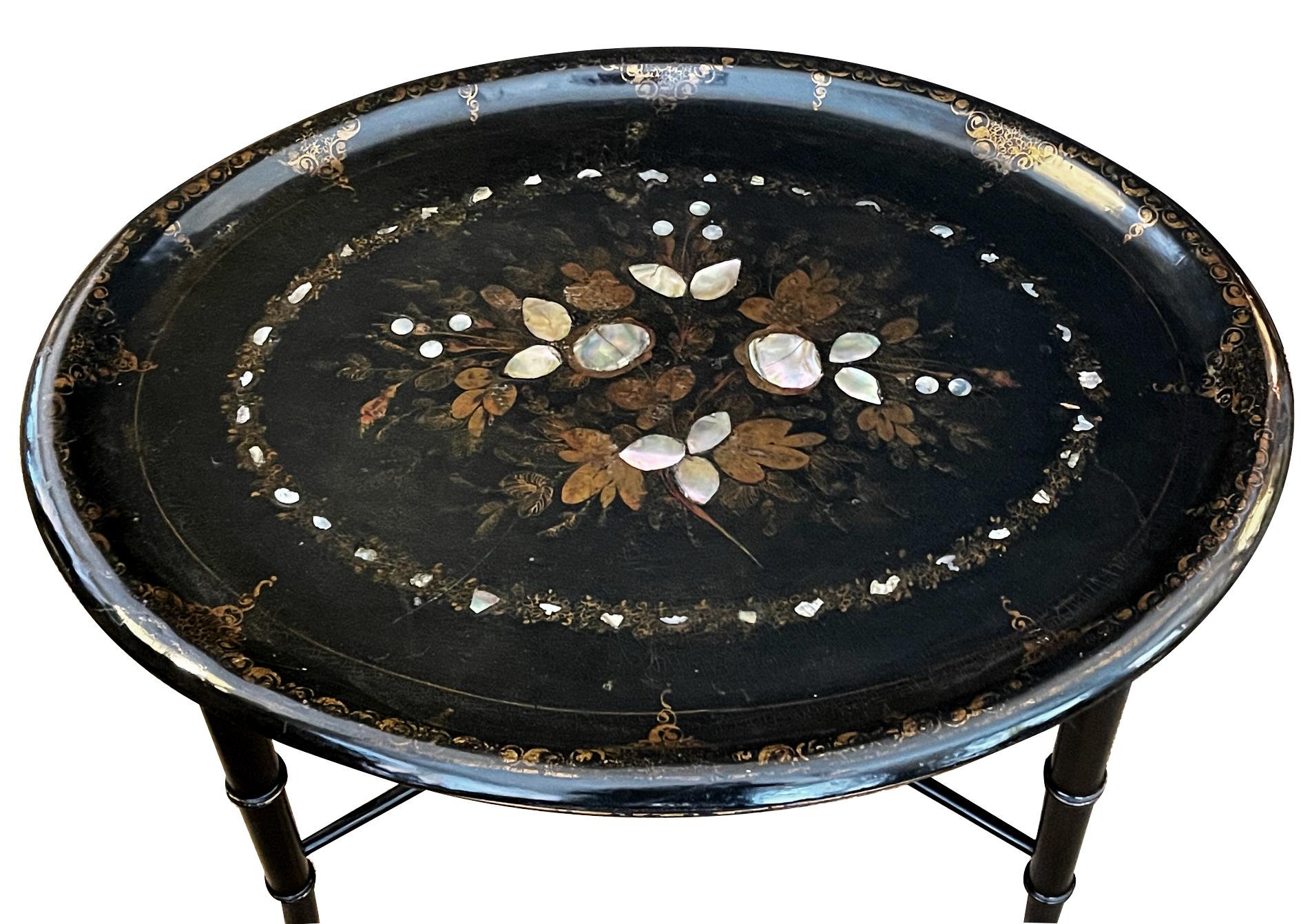 English Victorian Painted and Inlaid Oval Papier-Mache Tray-on-Stand 3