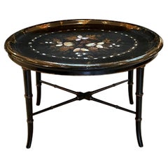 Antique English Victorian Painted and Inlaid Oval Papier-Mache Tray-on-Stand