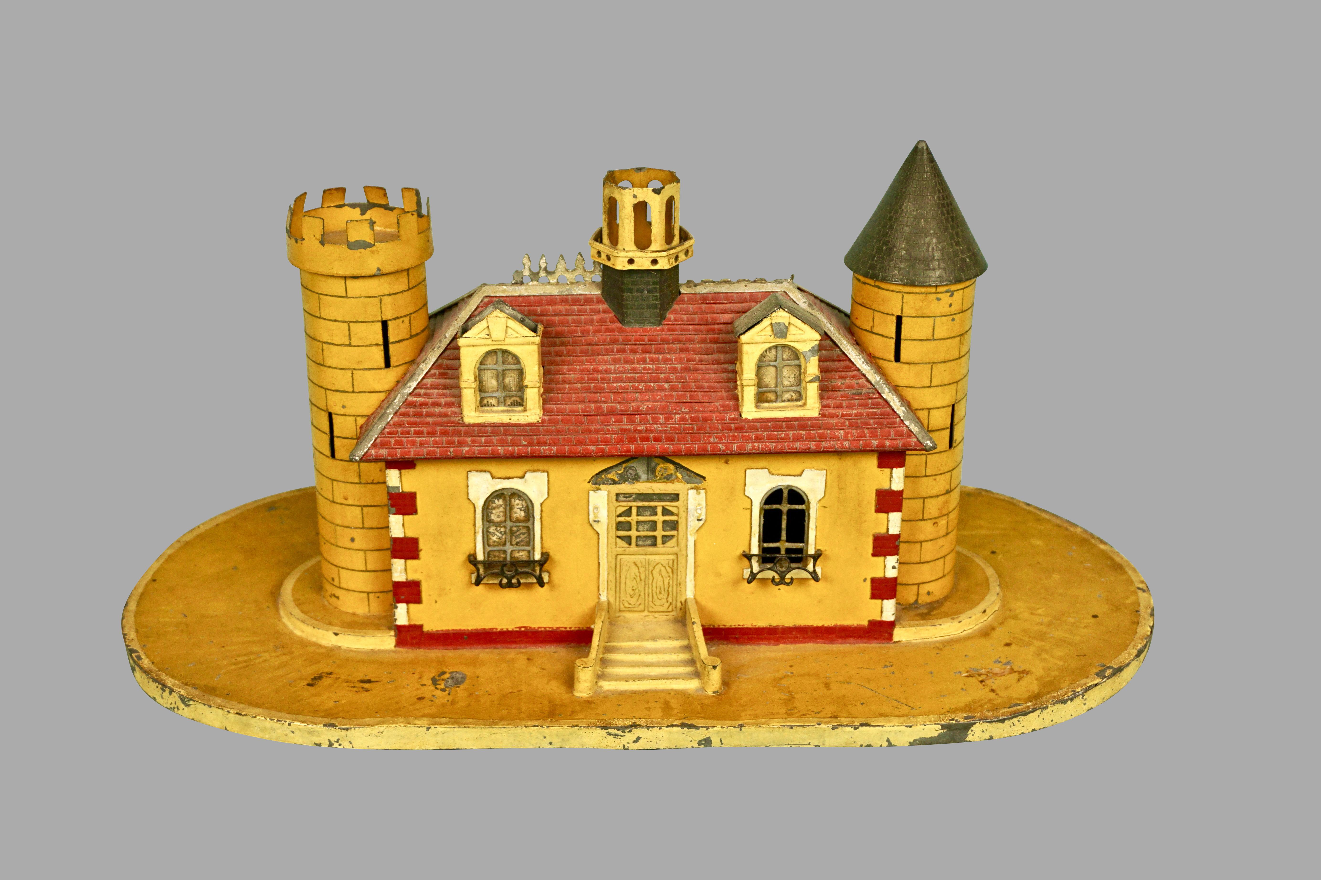 English Victorian Painted Tin Coin Bank in the Form of a Castle 1