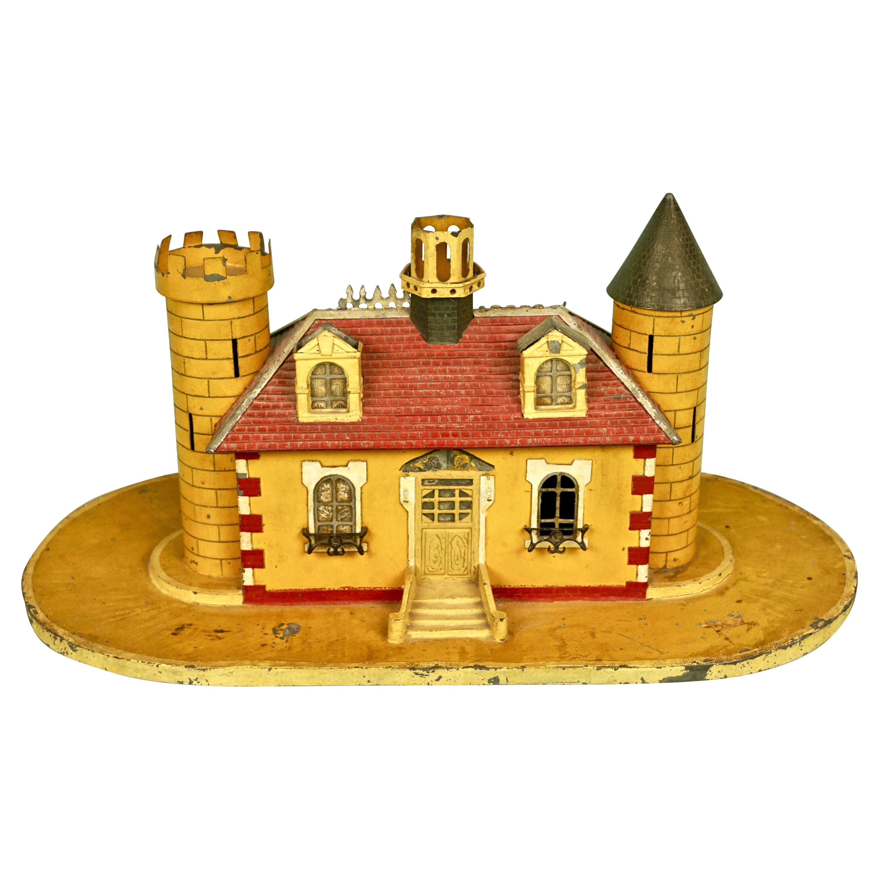 English Victorian Painted Tin Coin Bank in the Form of a Castle