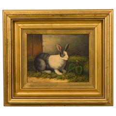 English Victorian Painting of A Grey and White Rabbit