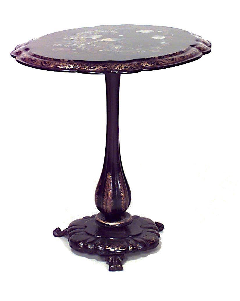 English Victorian paper m√¢ch√© pearl inlaid black lacquered oval pedestal base tilt top end table with floral decoration and bird scene.
