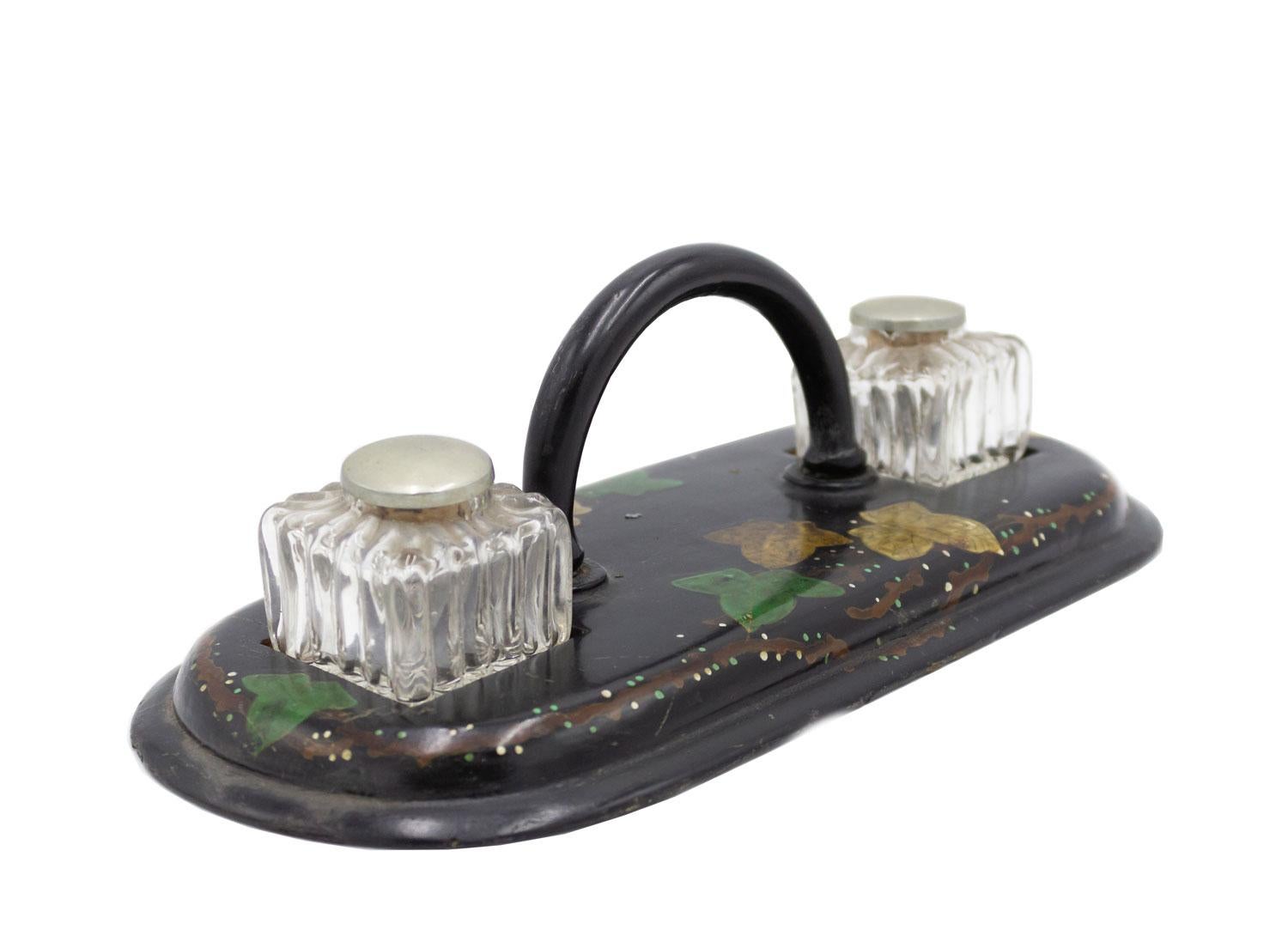 English Victorian papier mache floral design oval double inkwell with fluted crystal wells and handles.