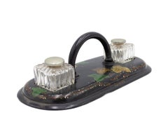 English Victorian Papier-Mache and Crystal Inkwell