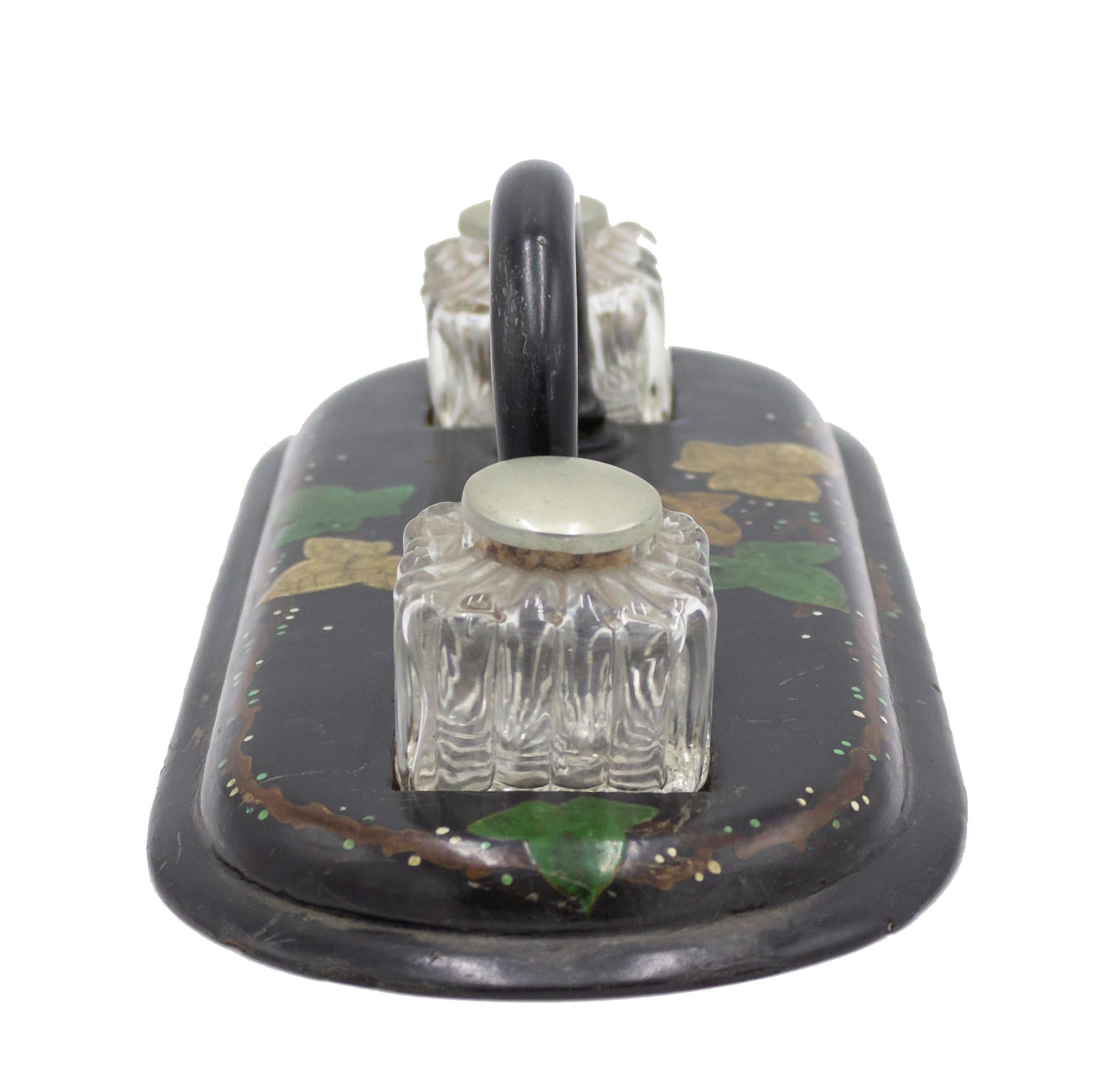 British English Victorian Papier-Mache and Crystal Inkwell For Sale