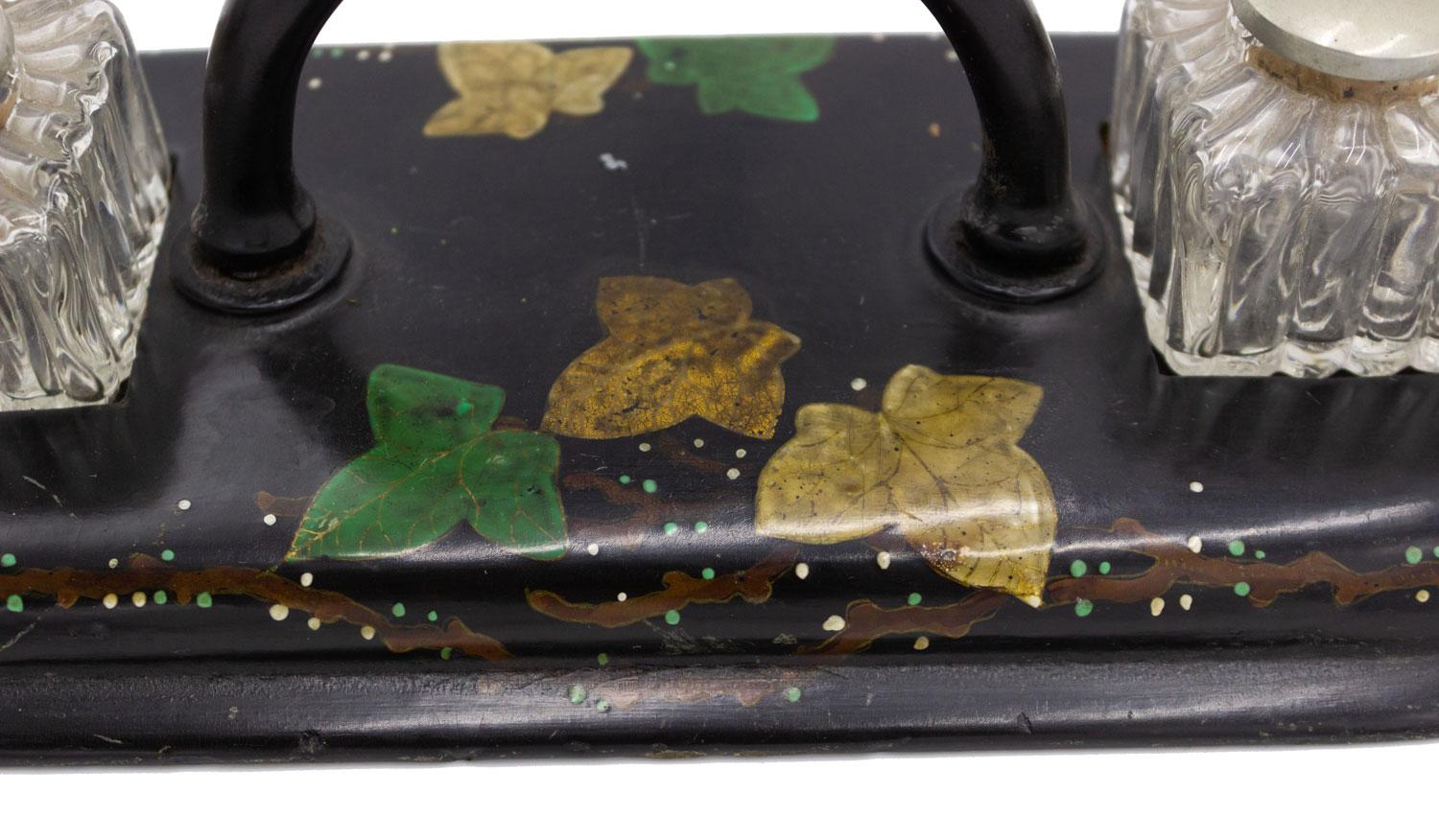 English Victorian Papier-Mache and Crystal Inkwell In Good Condition For Sale In Queens, NY