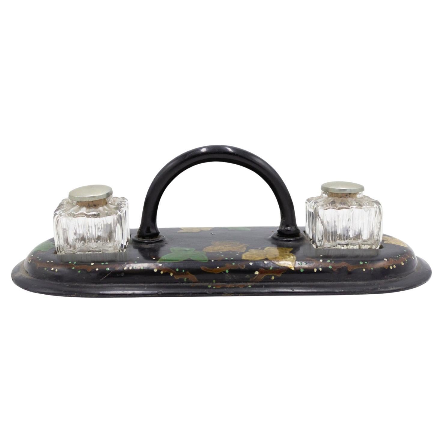 English Victorian Papier-Mache and Crystal Inkwell For Sale