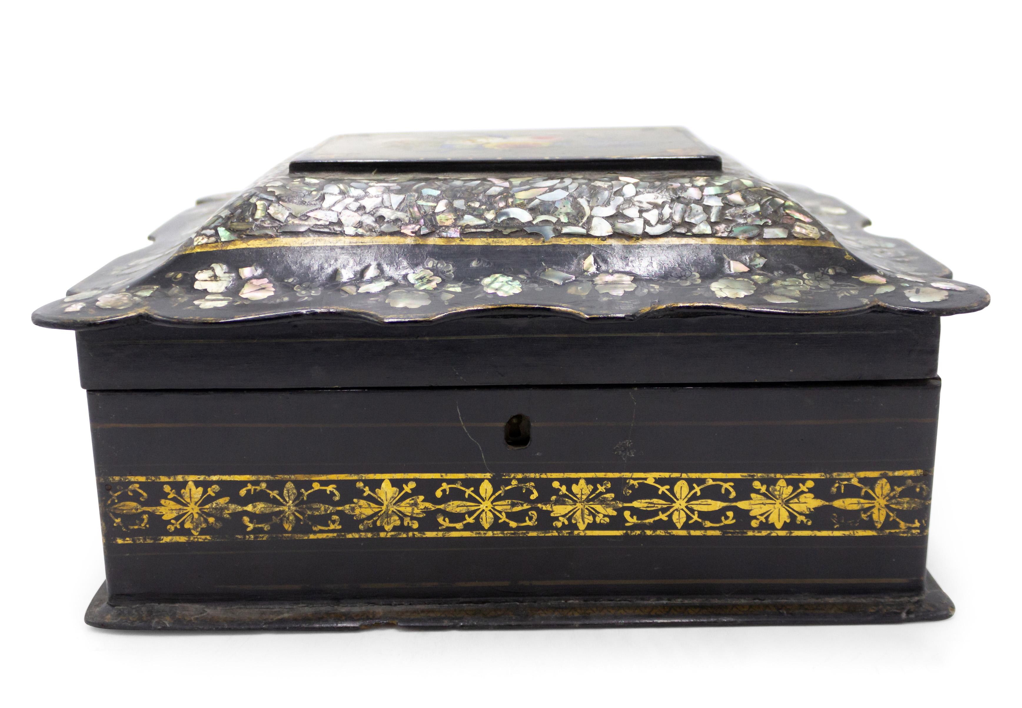 English Victorian papier mache pearl inlaid box with scalloped and floral painted top.
 