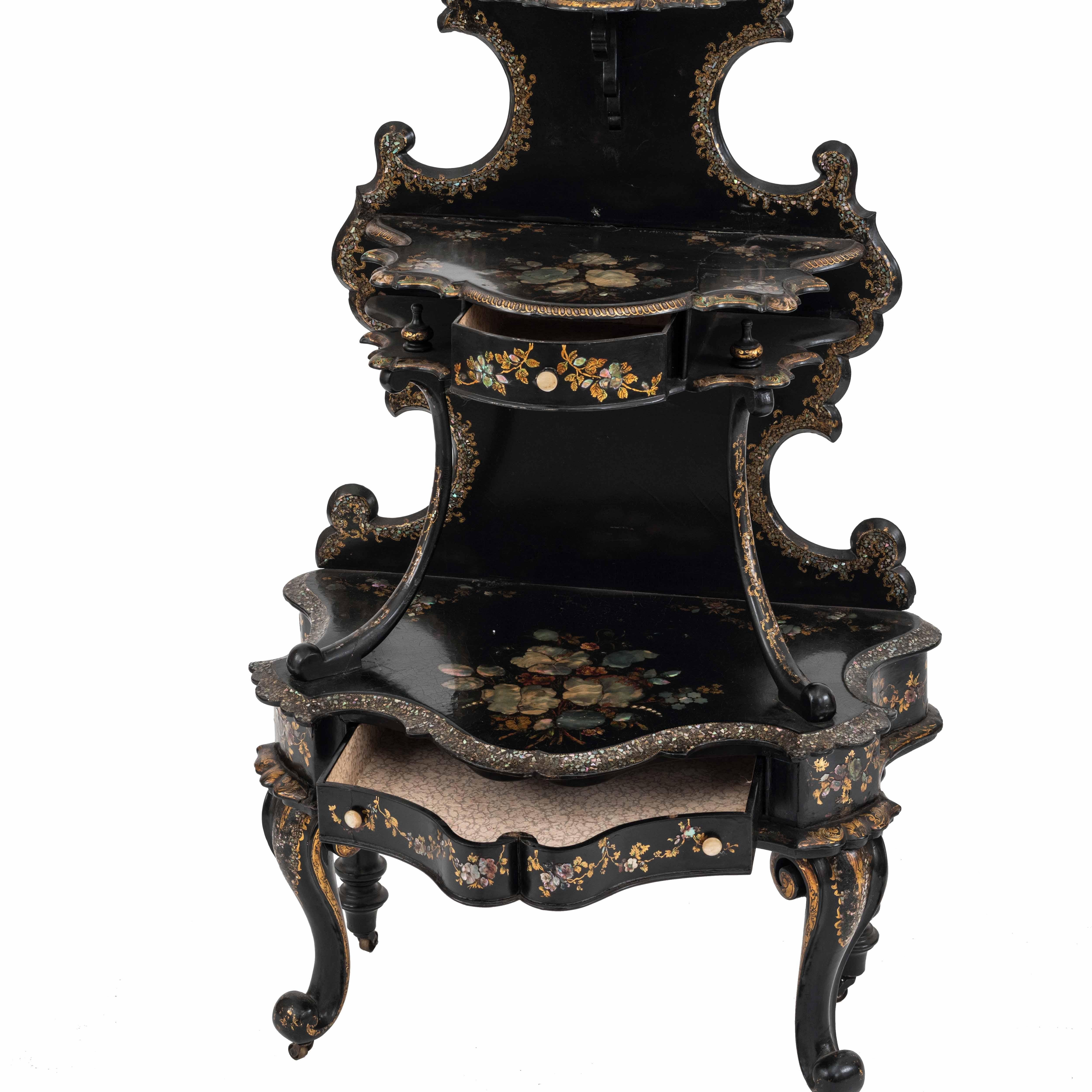 Inlay English Victorian Papier Mache Etagere For Sale
