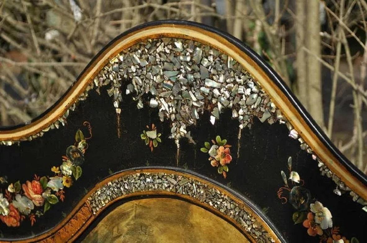 Brass English Victorian Papier Mache Mother of Pearl Inlay Twin Bed Frames - a Pair For Sale