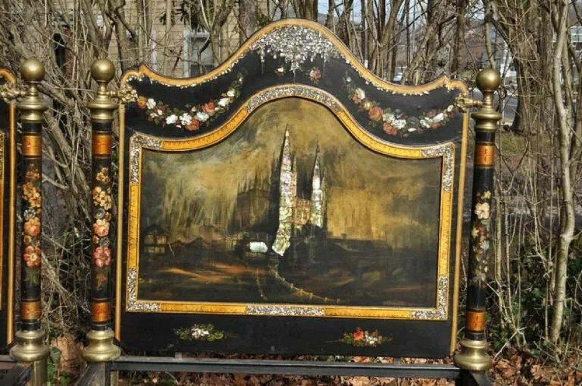 English Victorian Papier Mache Mother of Pearl Inlay Twin Bed Frames - a Pair For Sale 1