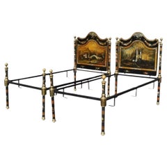 English Victorian Papier Mache Mother of Pearl Inlay Twin Bed Frames - a Pair