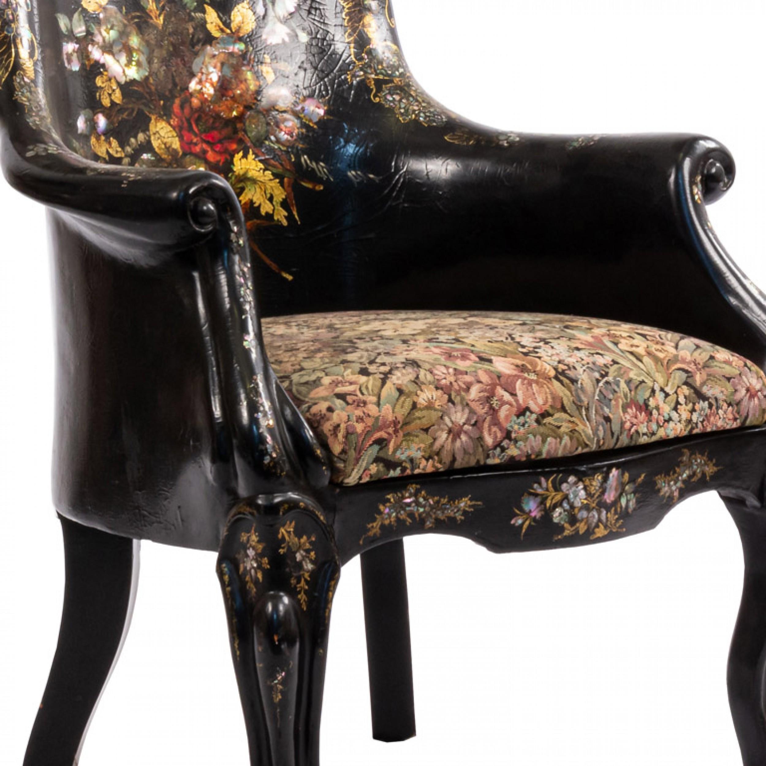 Inlay English Victorian Papier Mache Pearl Bergére Arm Chair For Sale