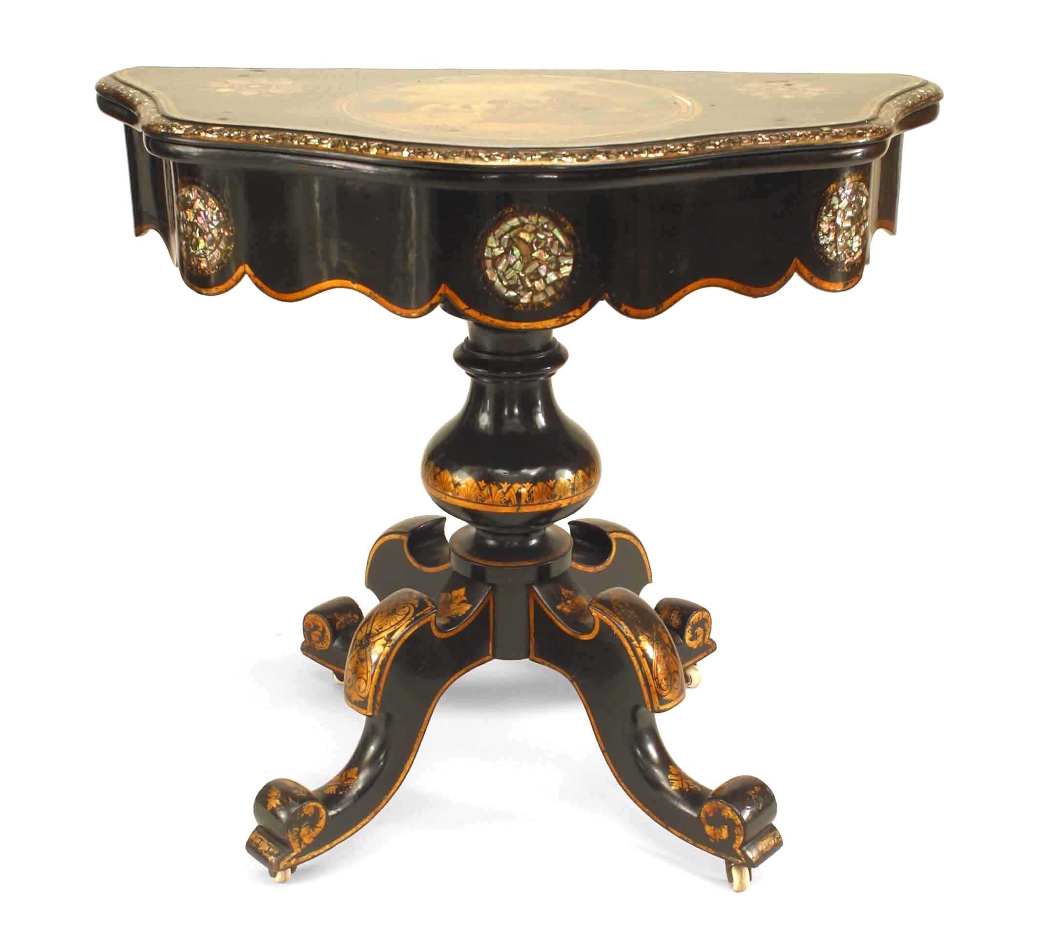 English Victorian papier mâché pearl inlaid black lacquered flip top console table with painted scene of dogs with hunter.
 