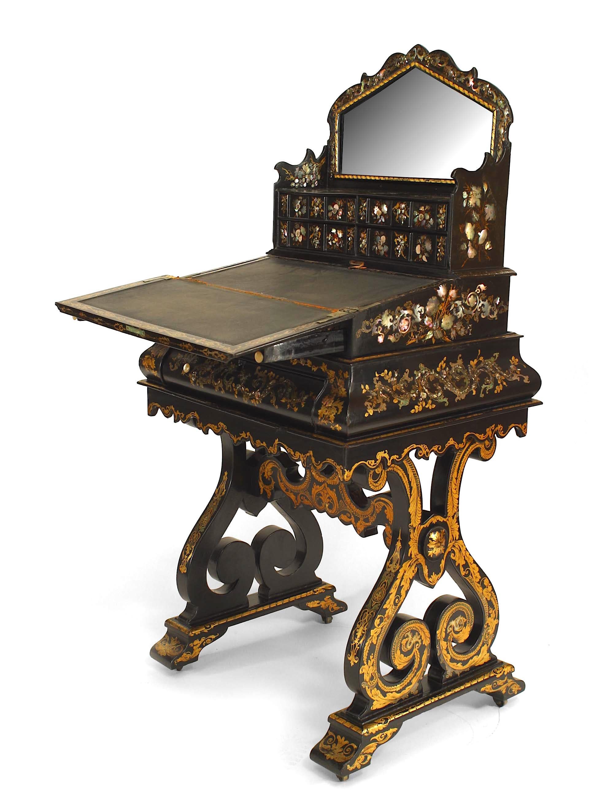 English Victorian papier mache pearl inlaid black lacquered writing/sewing table with game table base and stretcher. (2 sections/removable upper section)
