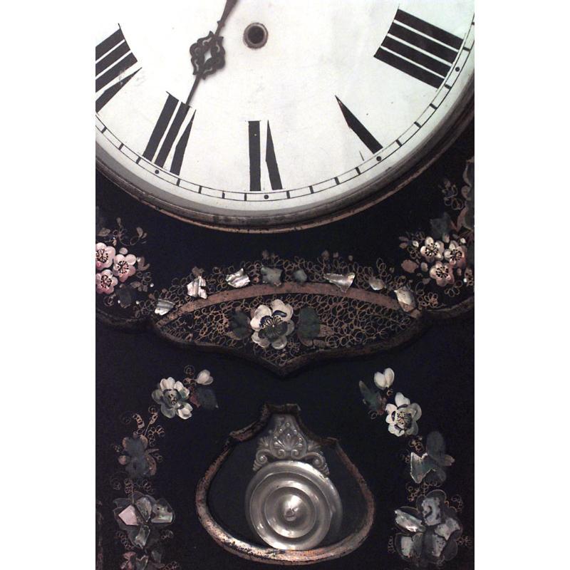 English Victorian papier mache pearl inlaid and decorated wall clock. (Not working)