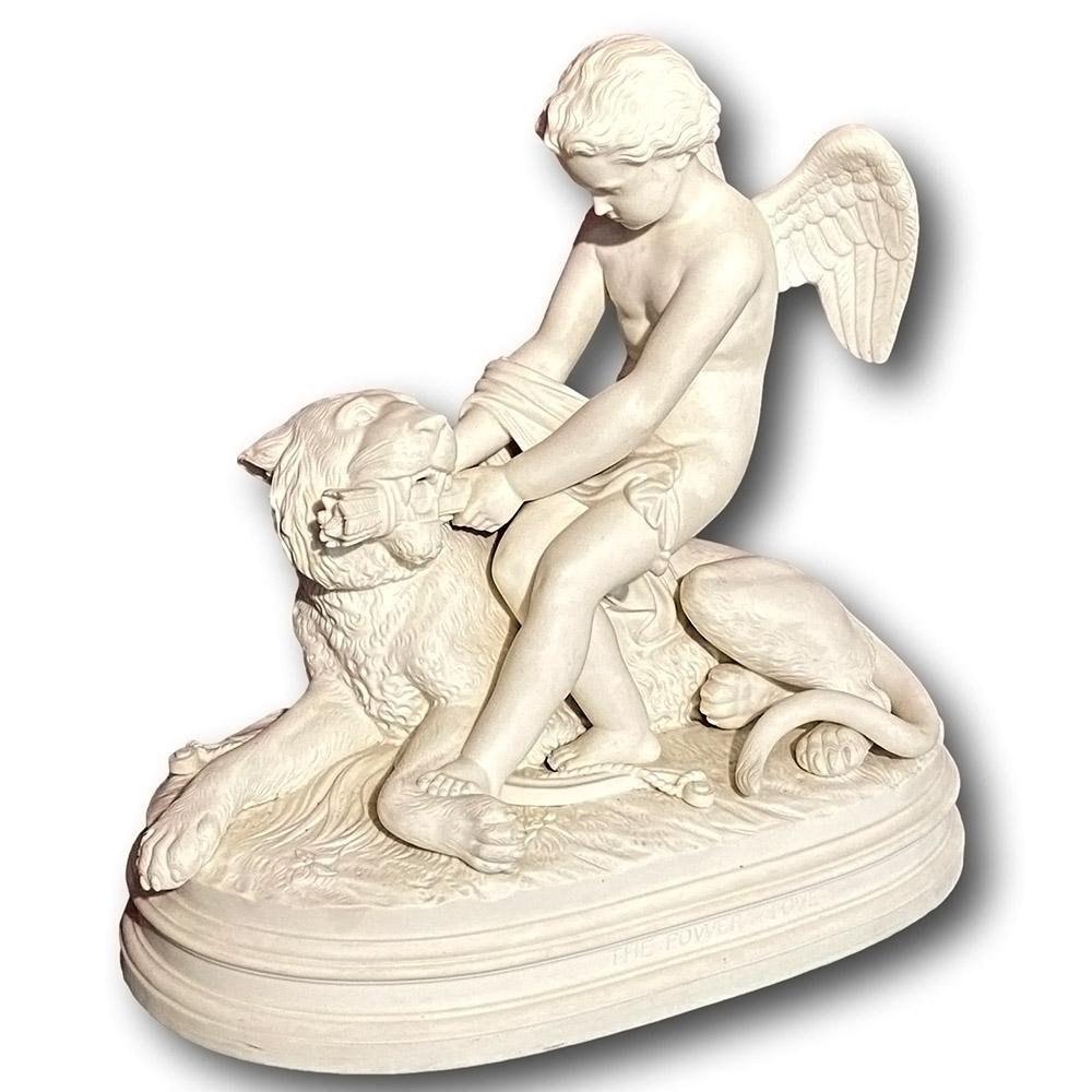 The figure sat upon a hollowed oval pedestal base with a beautifully detailed scene of cupid sat upon a lion, the figural group named The Power of Love to the front centre dates to the late Victorian period circa 1900. Unsigned.

Parian Ware is a