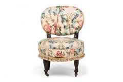 English Victorian Pastel Floral Fabric Upholstered Wooden Framed Slipper Chair