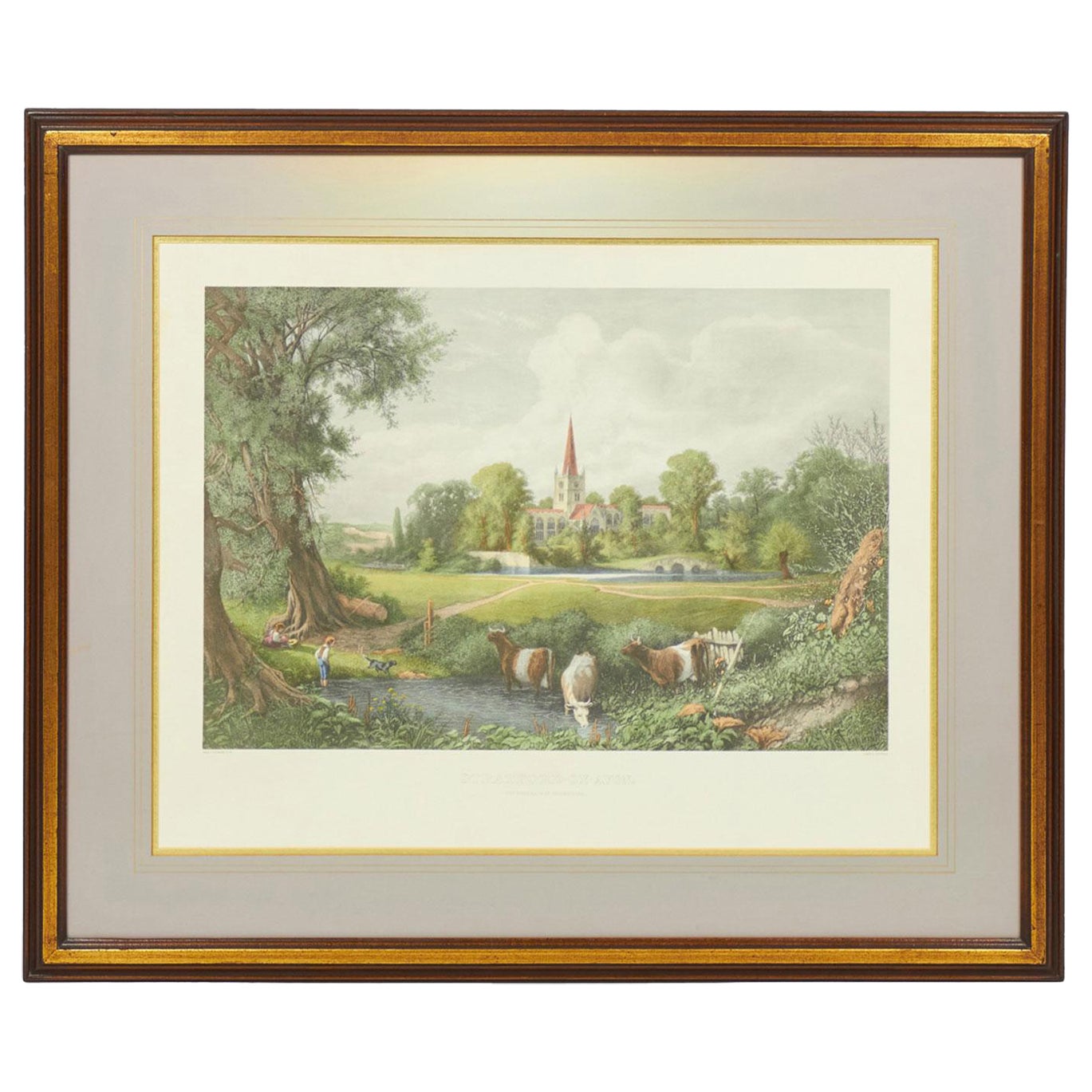English Victorian Pastoral Landscape Painting of Cattle Drinking from a Stream For Sale