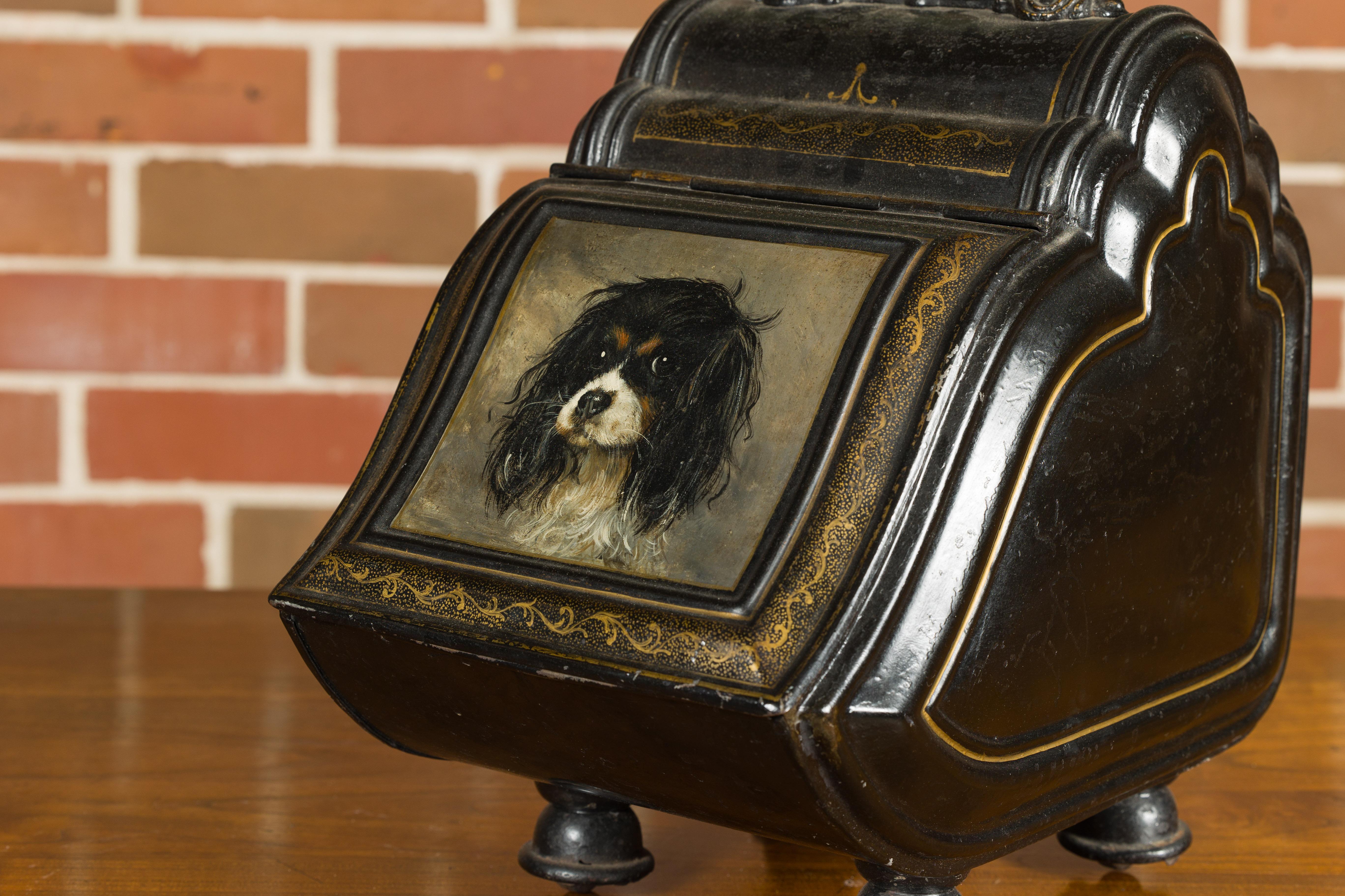English Victorian Period 1880s Black Coal Box with Hand-Painted Dog Motif For Sale 7