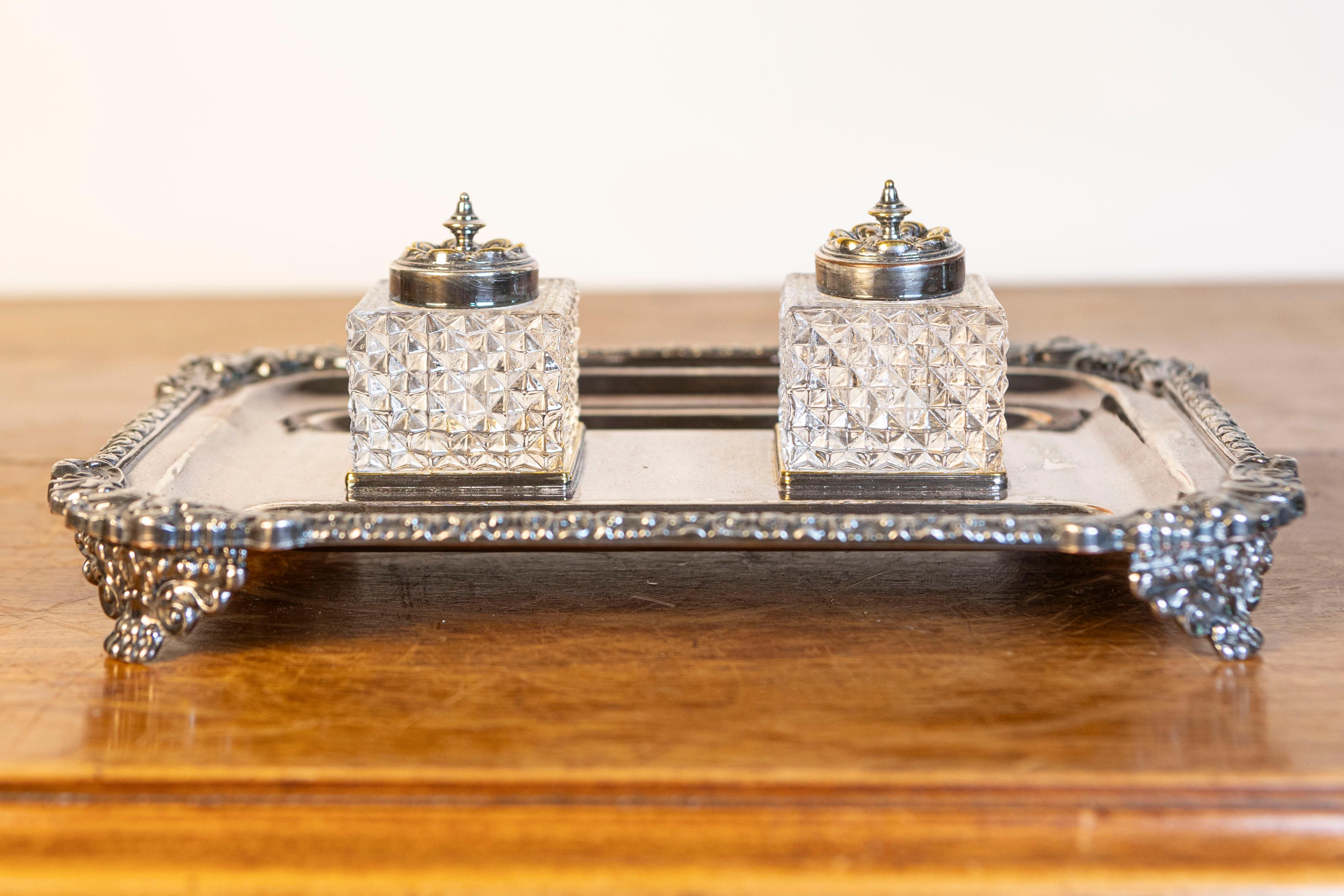 English Victorian Period 1890s Stamped Silver Inkstand with Crystal Inkwells In Good Condition For Sale In Atlanta, GA