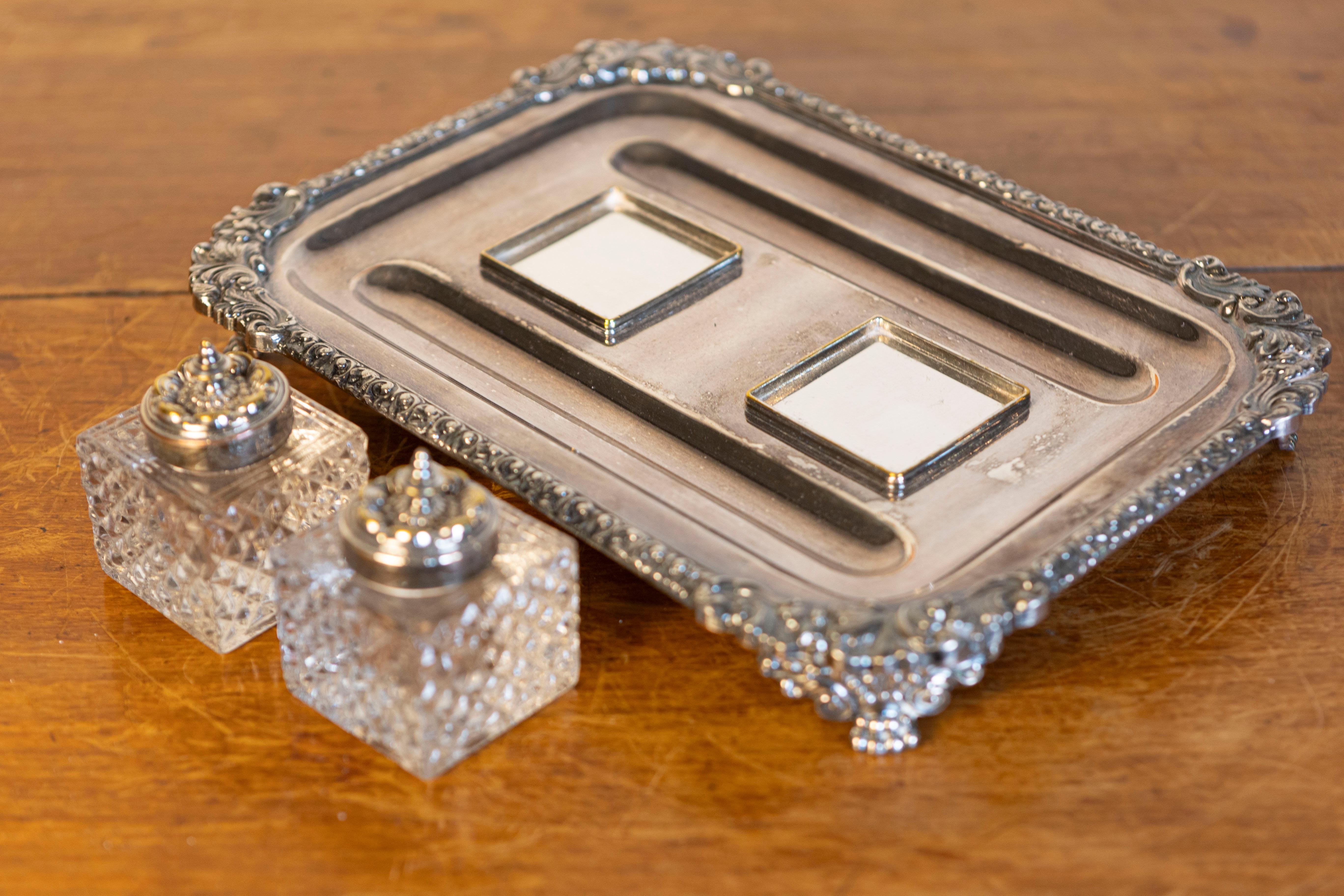19th Century English Victorian Period 1890s Stamped Silver Inkstand with Crystal Inkwells For Sale