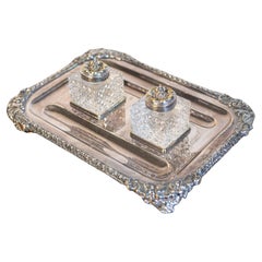 Antique English Victorian Period 1890s Stamped Silver Inkstand with Crystal Inkwells