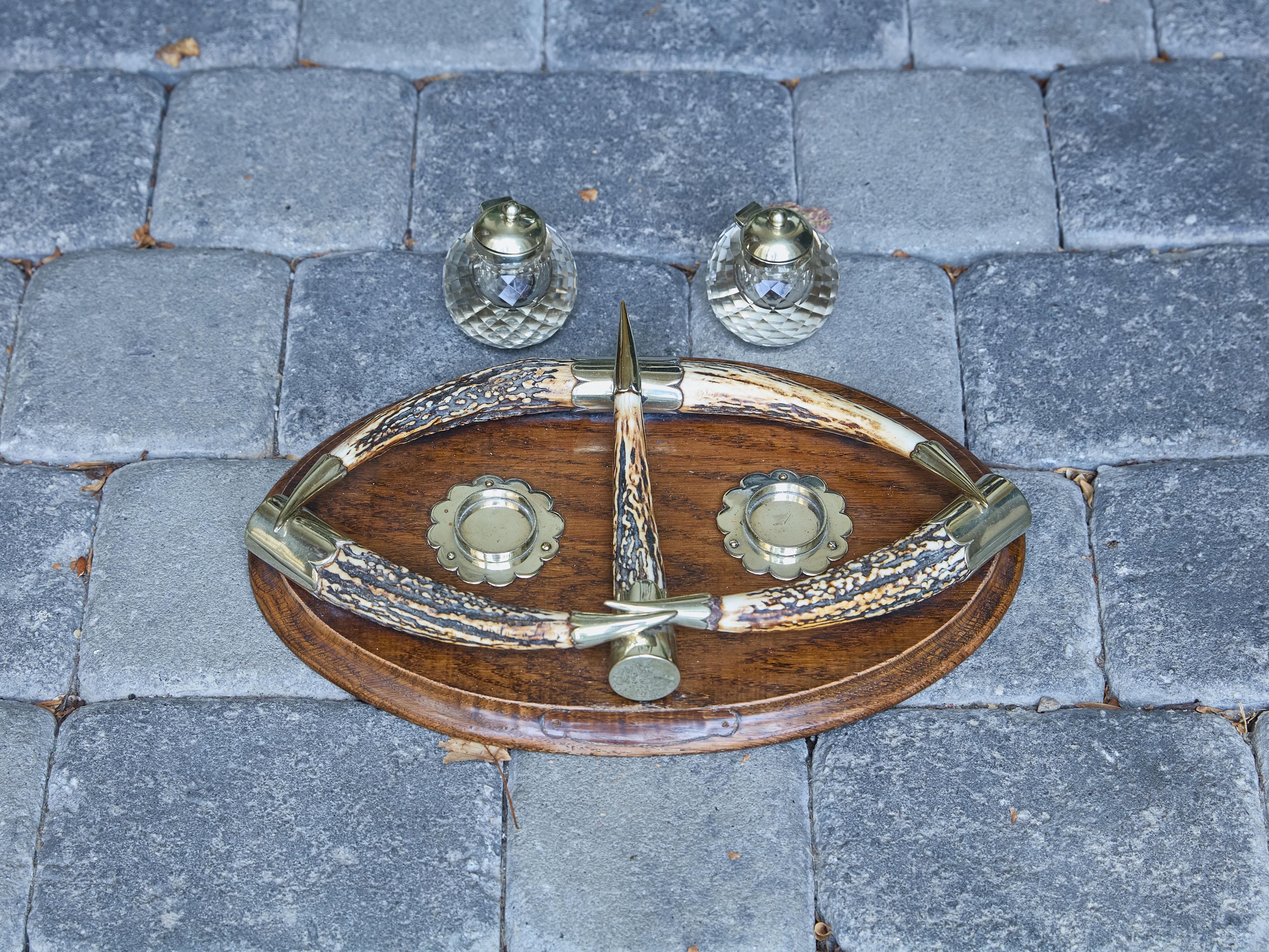 English Victorian Period 19th Century Antlers, Silver Plate and Crystal Inkwell For Sale 9