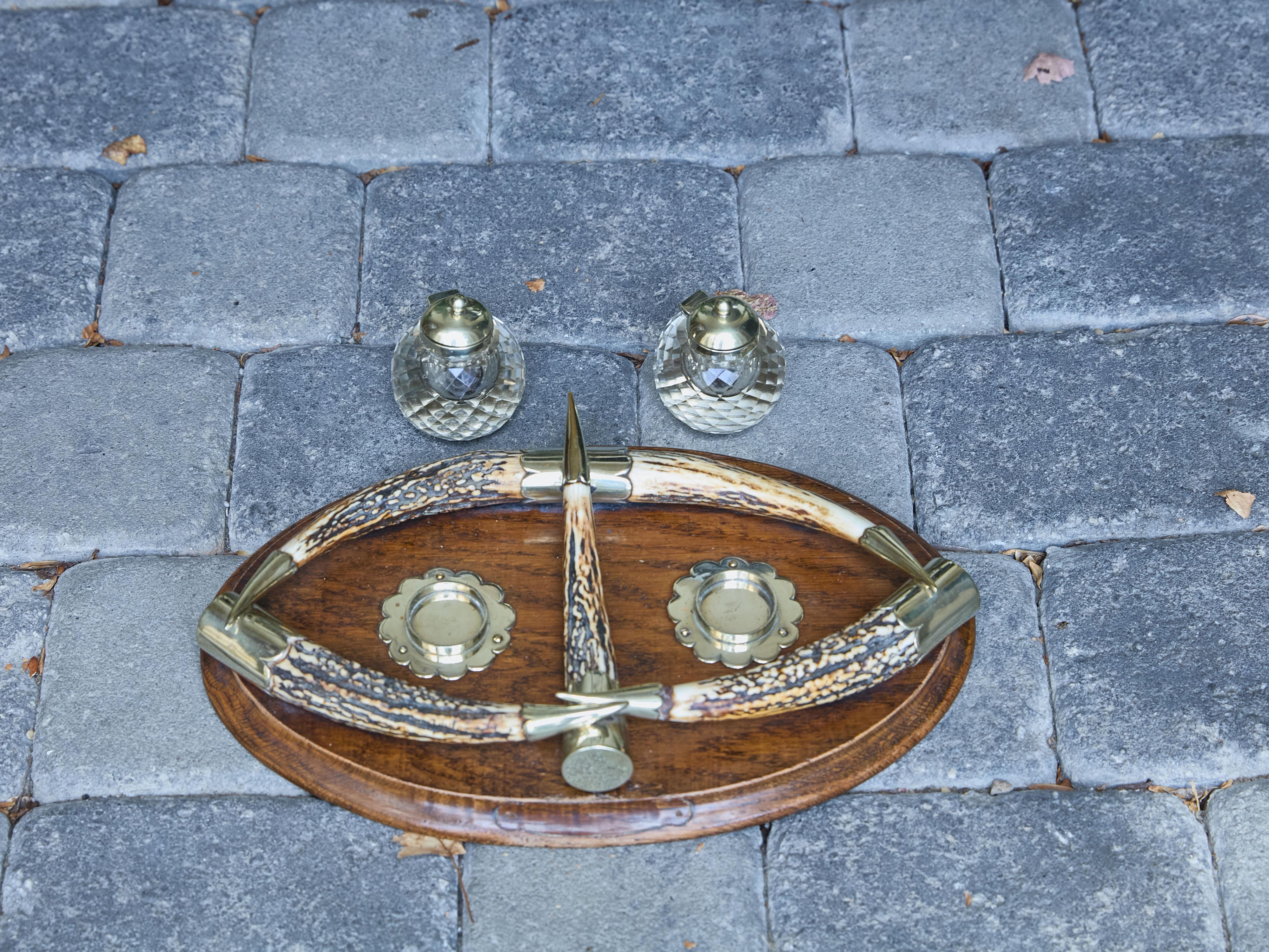 English Victorian Period 19th Century Antlers, Silver Plate and Crystal Inkwell For Sale 10