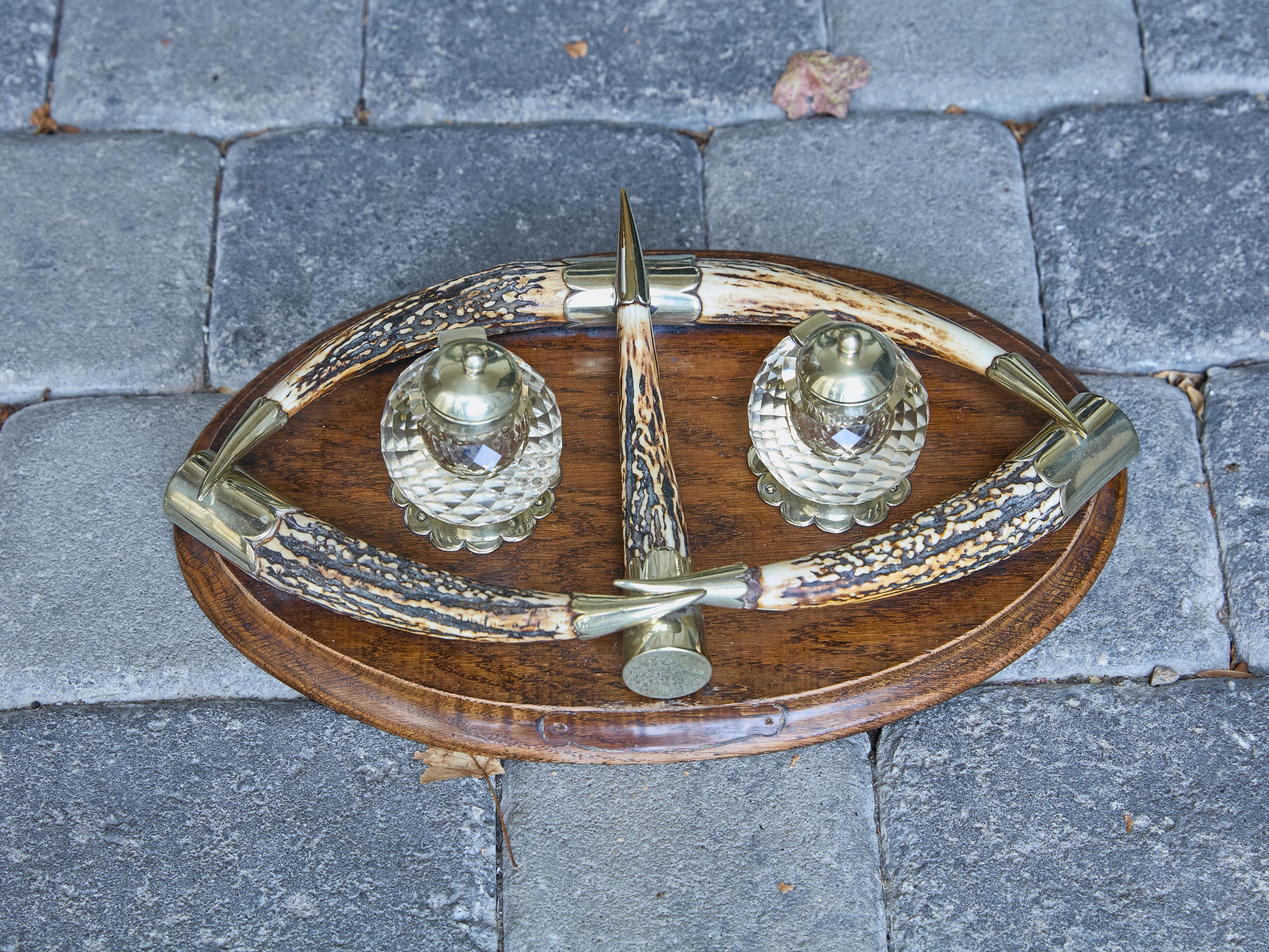 English Victorian Period 19th Century Antlers, Silver Plate and Crystal Inkwell For Sale 12