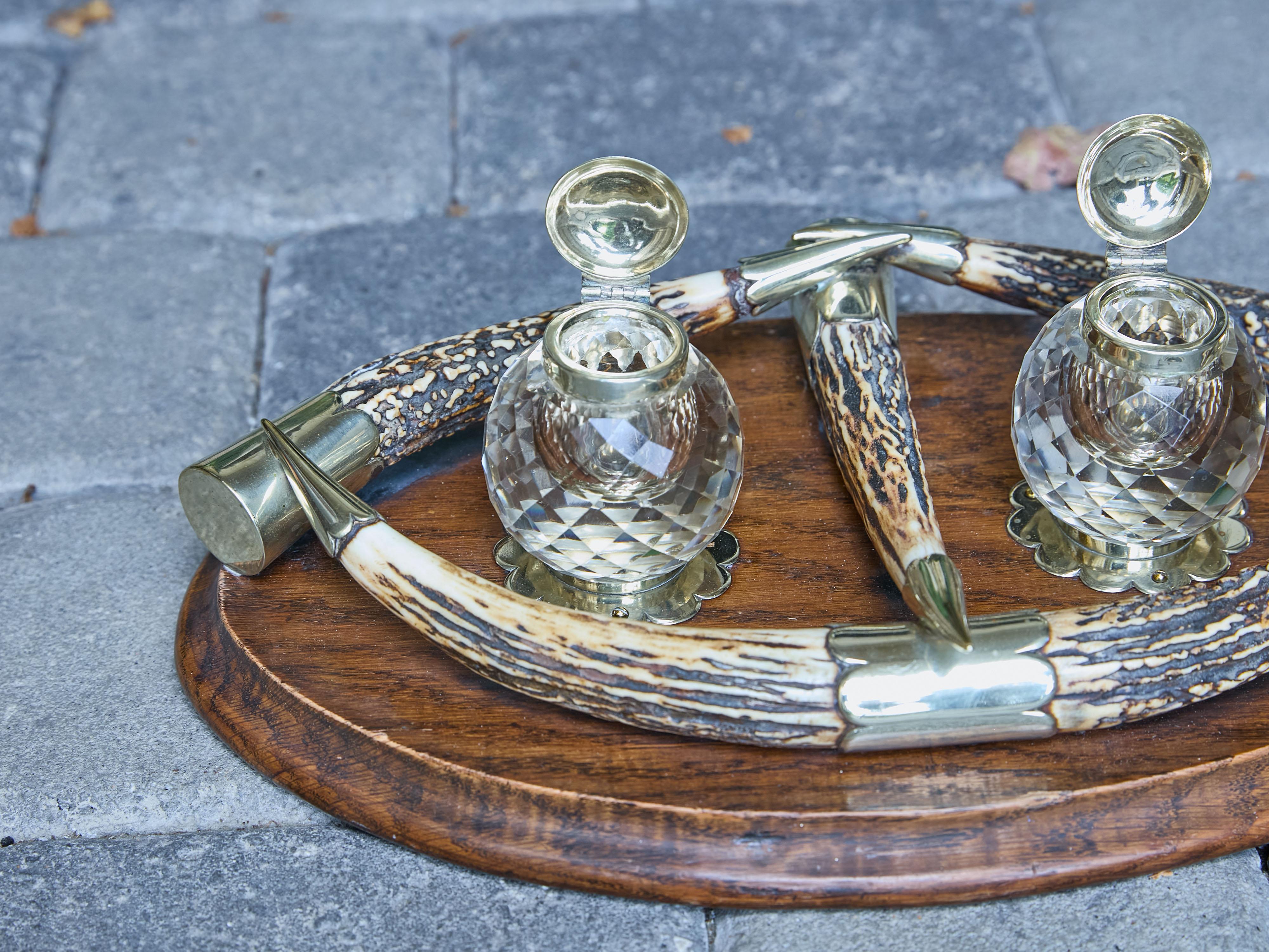 English Victorian Period 19th Century Antlers, Silver Plate and Crystal Inkwell In Good Condition For Sale In Atlanta, GA