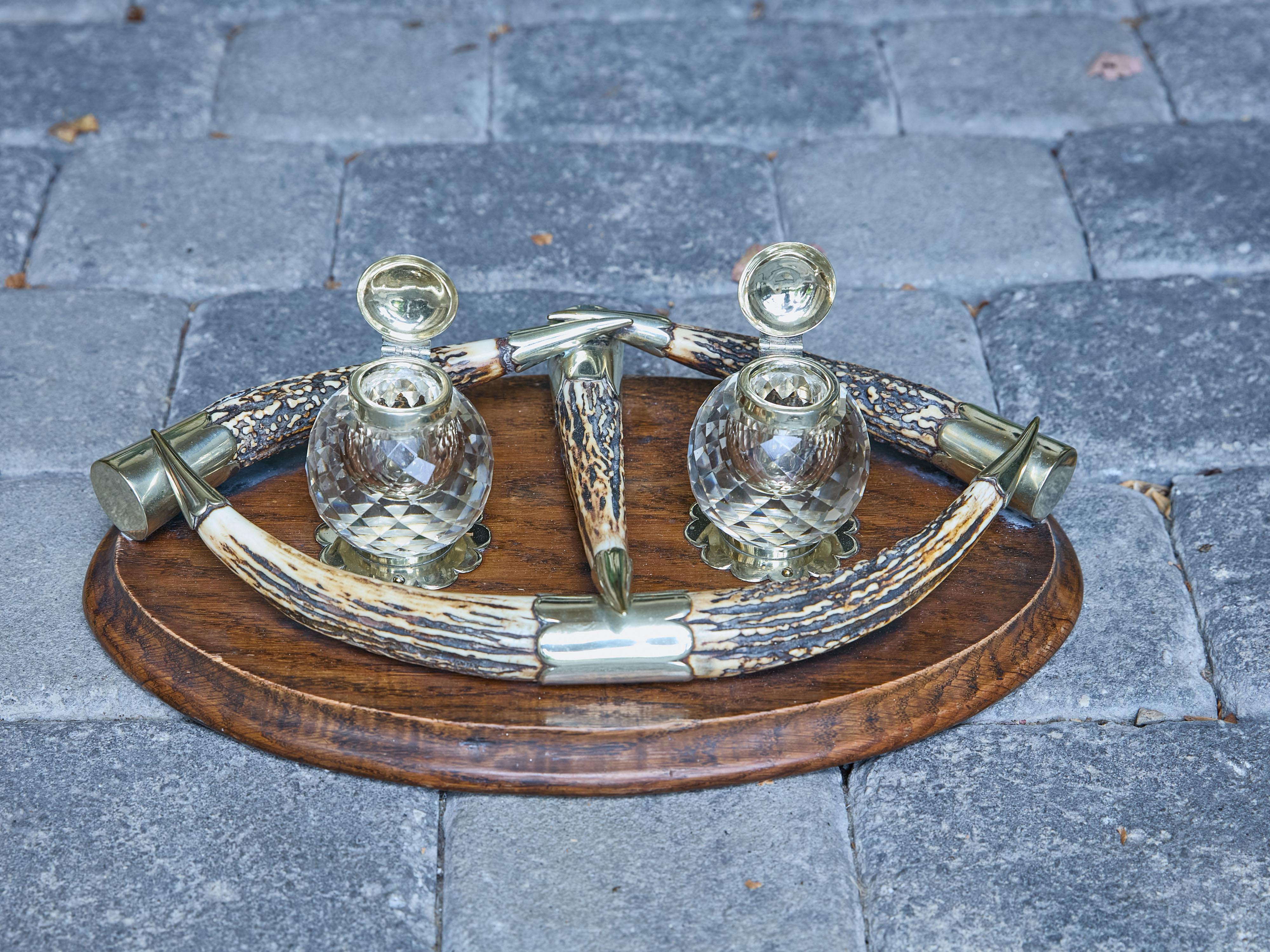 English Victorian Period 19th Century Antlers, Silver Plate and Crystal Inkwell For Sale 1