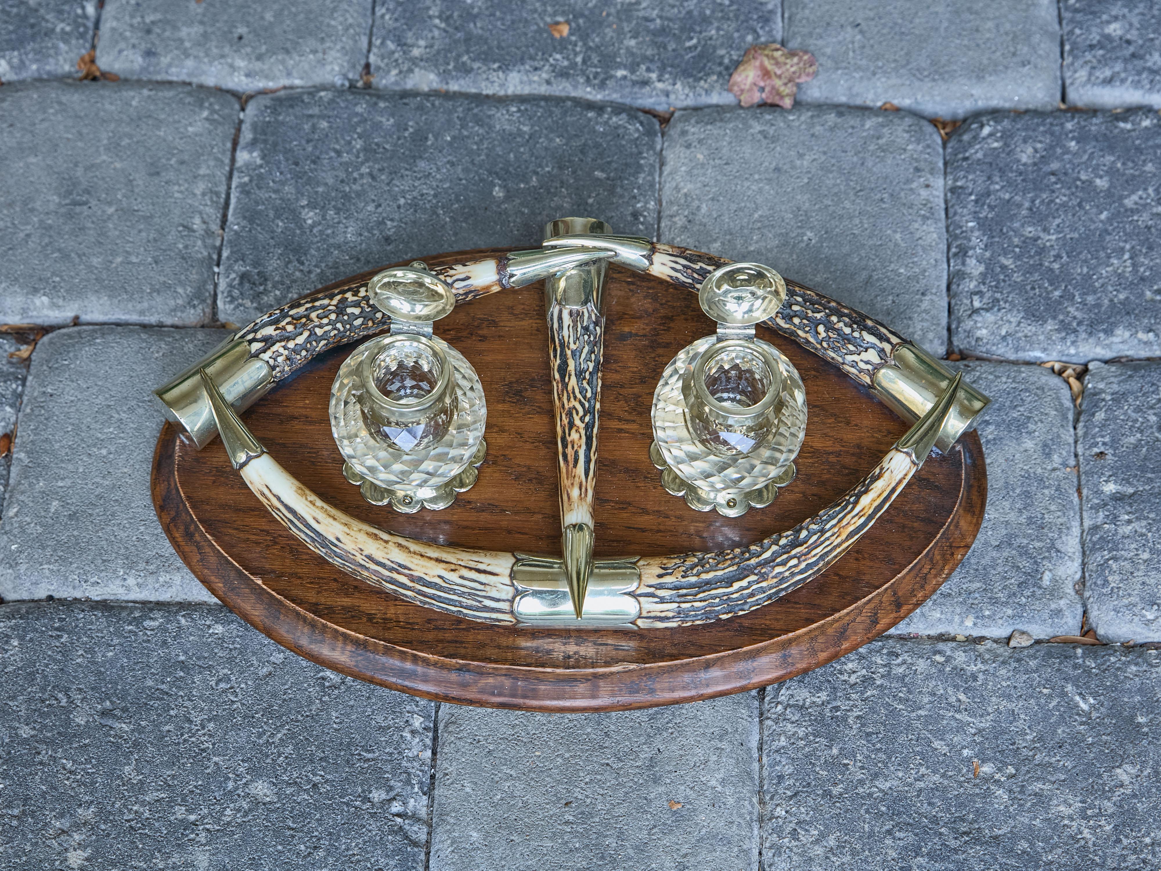 English Victorian Period 19th Century Antlers, Silver Plate and Crystal Inkwell For Sale 3