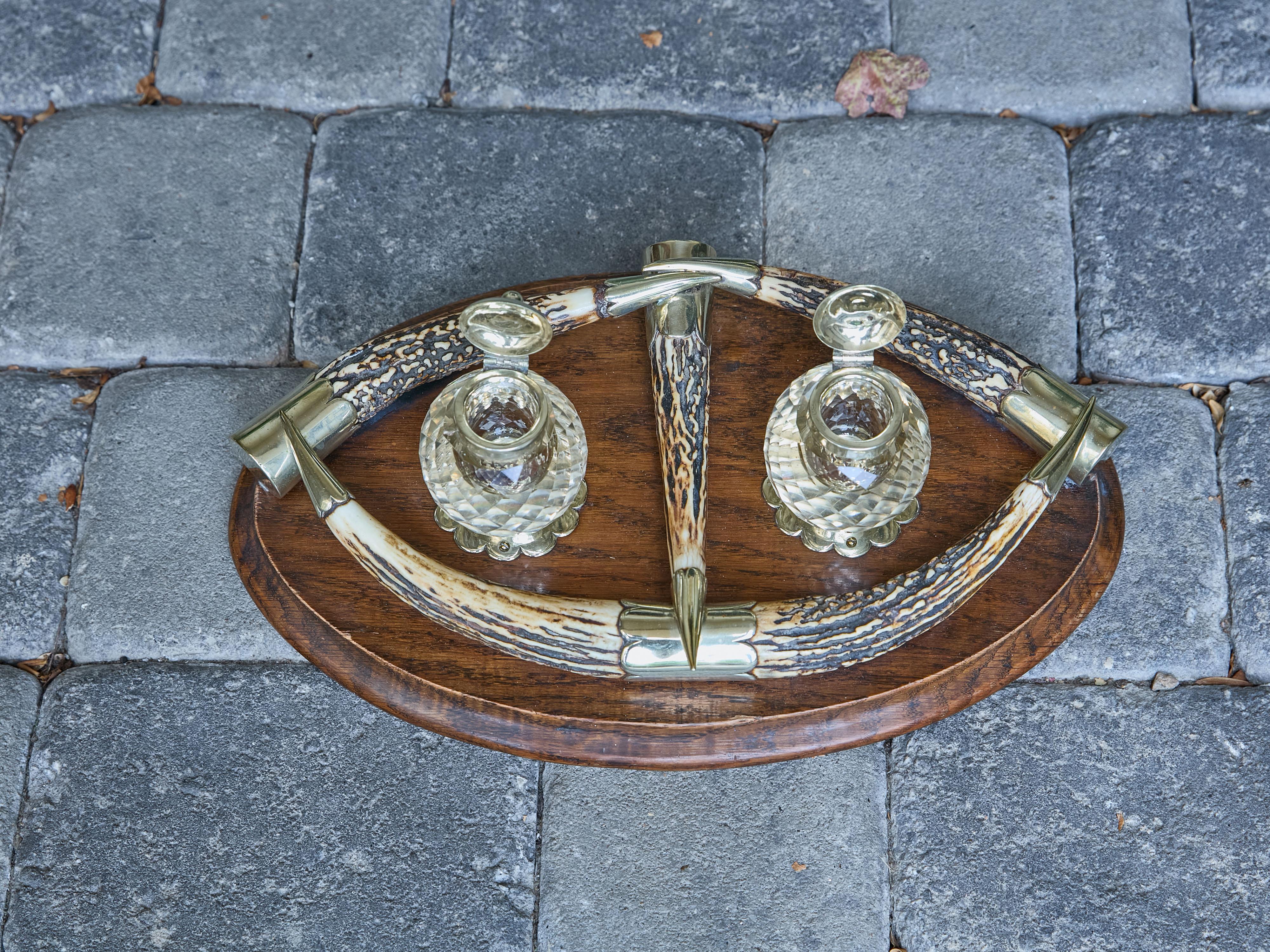 English Victorian Period 19th Century Antlers, Silver Plate and Crystal Inkwell For Sale 4