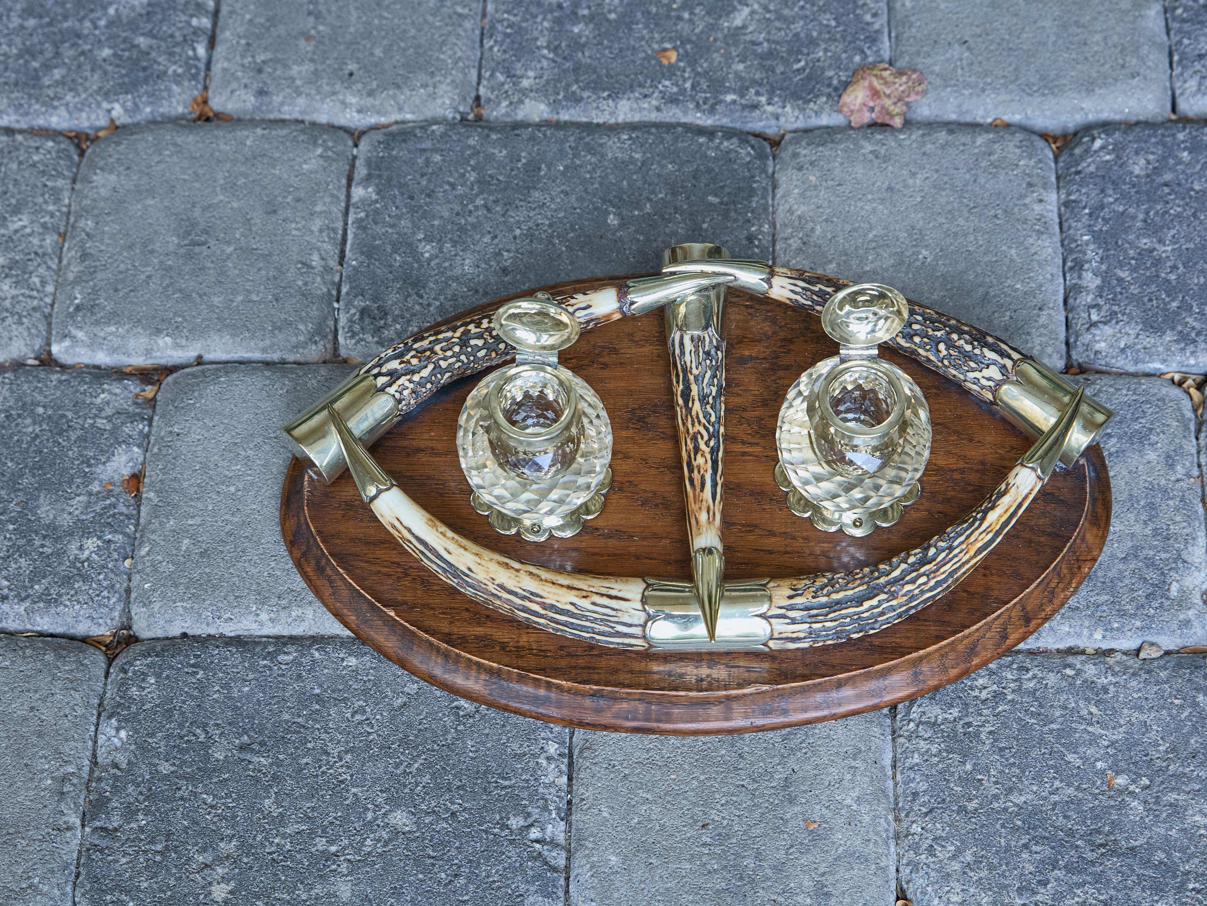 English Victorian Period 19th Century Antlers, Silver Plate and Crystal Inkwell For Sale 5