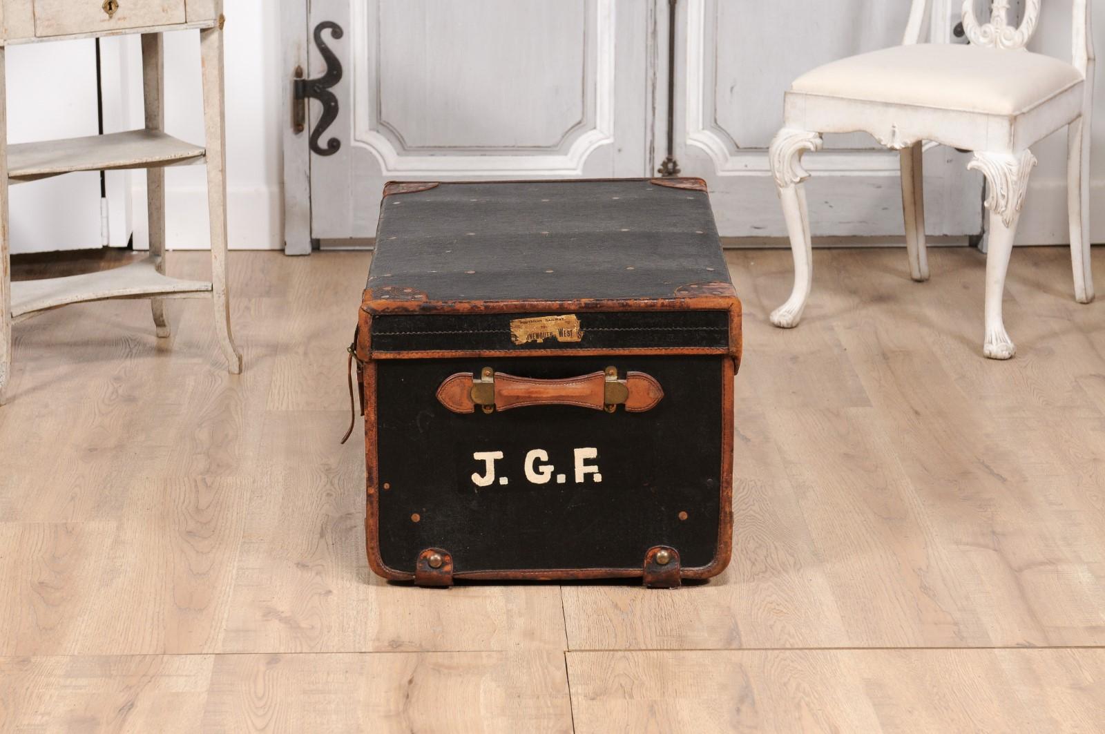 English Victorian Period 19th Century Black Traveling Trunk With Initials J.G.F. For Sale 8
